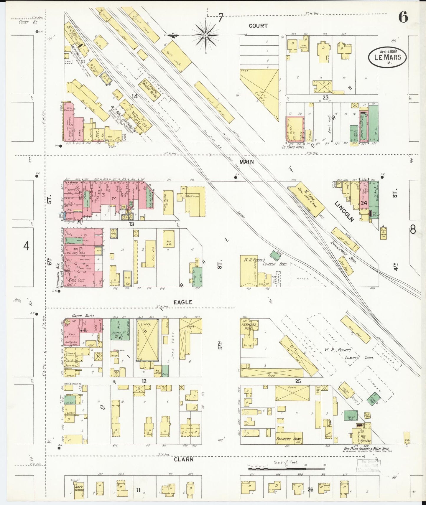 Sanborn Fire Insurance Map from Le Mars, Plymouth County, Iowa (1899), Sheet #0006 - Historic Sanborn Fire Insurance Map Print, vintage old map wall art