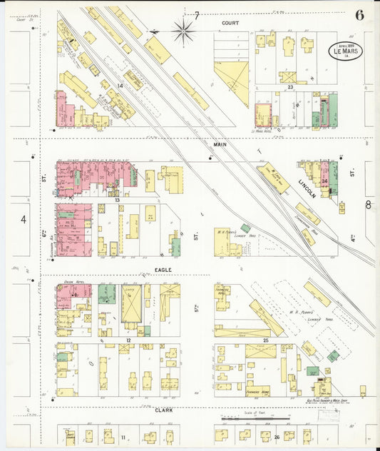 Sanborn Fire Insurance Map from Le Mars, Plymouth County, Iowa (1899), Sheet #0006 - Historic Sanborn Fire Insurance Map Print, vintage old map wall art