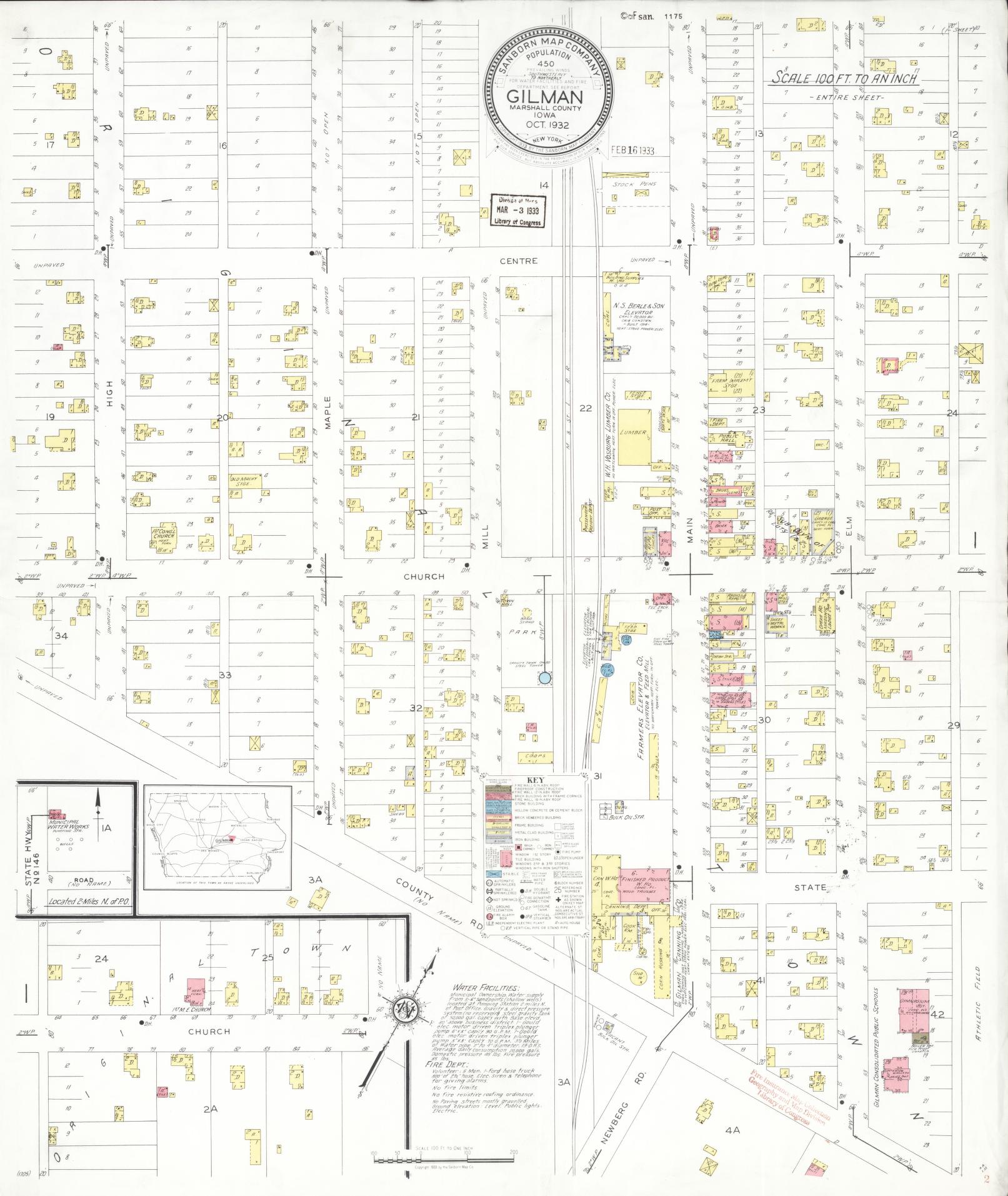 Sanborn Fire Insurance Map from Gilman, Marshall County, Iowa (1932), Sheet #0001 - Historic Sanborn Fire Insurance Map Print, vintage old map wall art