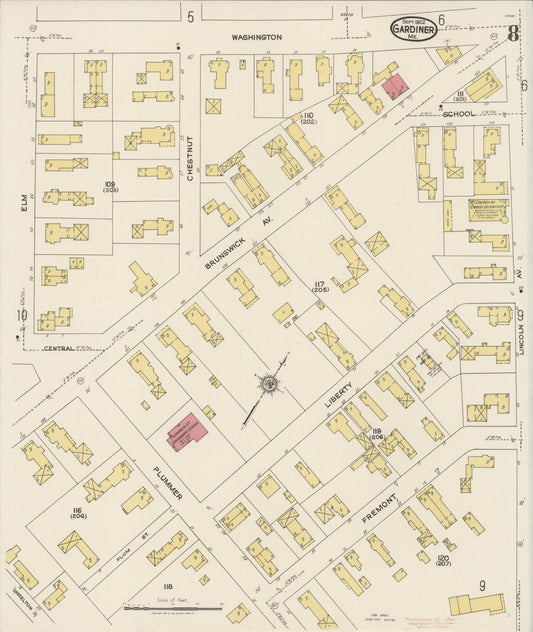 Sanborn Fire Insurance Map from Gardiner, Kennebec County, Maine (1922), Sheet #0008 - Historic Sanborn Fire Insurance Map Print, vintage old map wall art, antique decor, genealogy gift, Maine Maine map