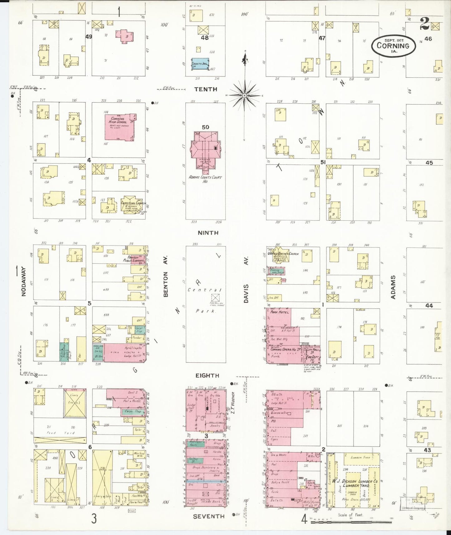 Sanborn Fire Insurance Map from Corning, Adams County, Iowa (1907), Sheet #0002 - Historic Sanborn Fire Insurance Map Print, vintage old map wall art