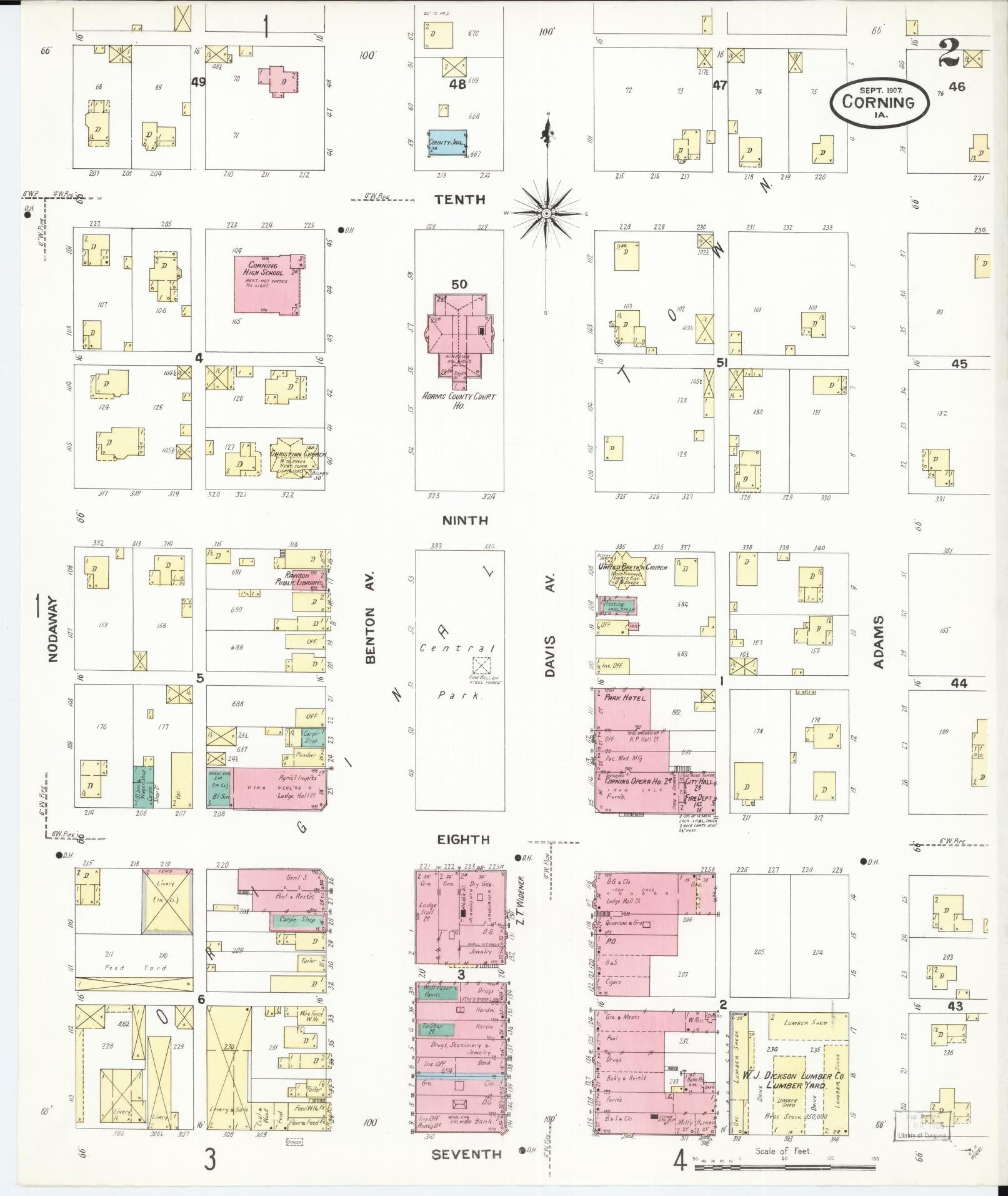 Sanborn Fire Insurance Map from Corning, Adams County, Iowa (1907), Sheet #0002 - Historic Sanborn Fire Insurance Map Print, vintage old map wall art