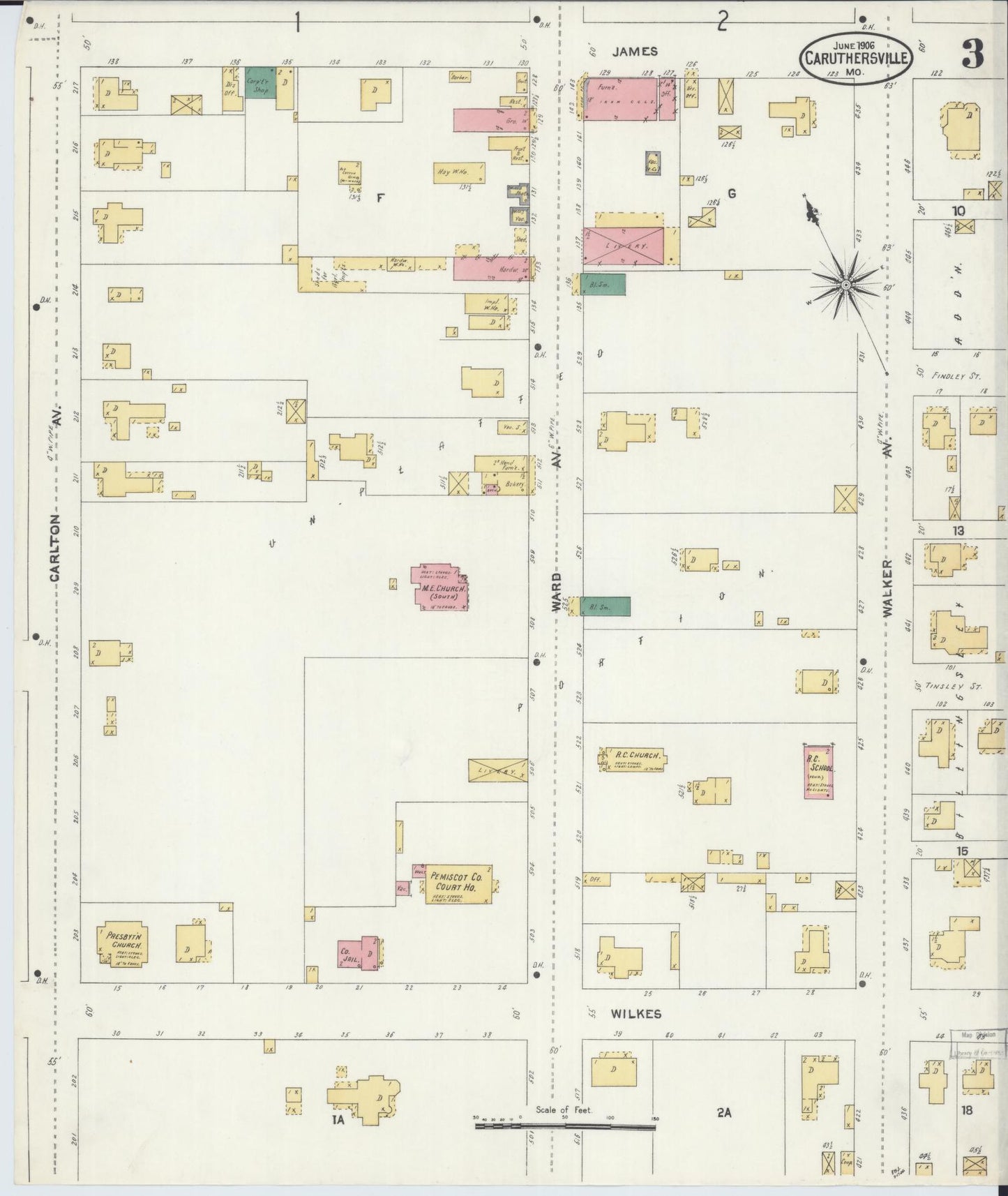 Sanborn Fire Insurance Map from Caruthersville, Pemiscot County, Missouri (1906), Sheet #0003 - Historic Sanborn Fire Insurance Map Print, vintage old map wall art, antique decor, genealogy gift, Missouri Missouri map