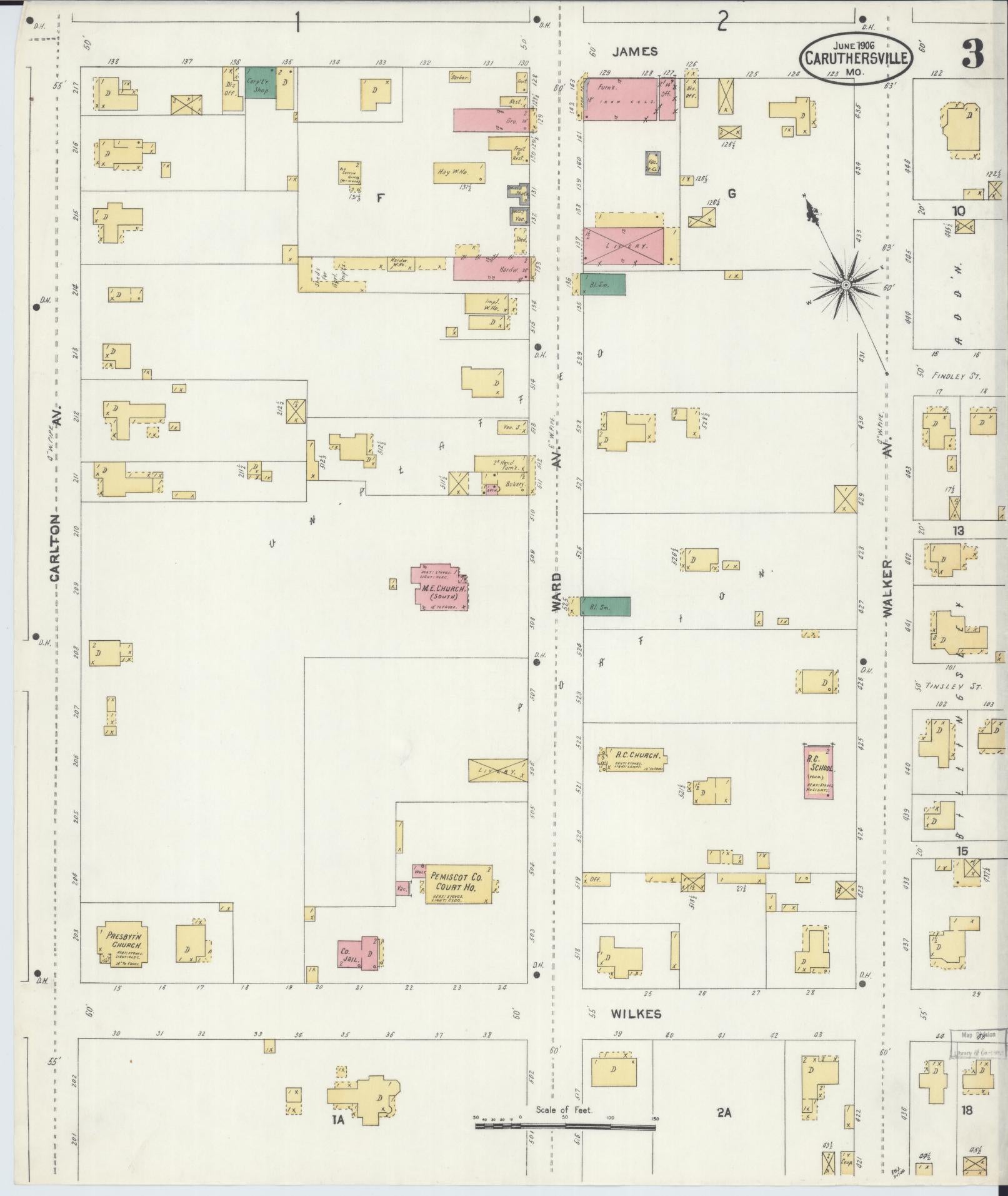 Sanborn Fire Insurance Map from Caruthersville, Pemiscot County, Missouri (1906), Sheet #0003 - Historic Sanborn Fire Insurance Map Print, vintage old map wall art, antique decor, genealogy gift, Missouri Missouri map