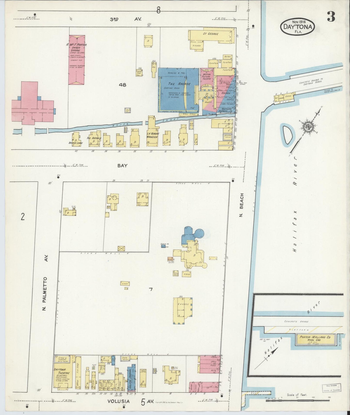 Sanborn Fire Insurance Map from Daytona, Volusia County, Florida (1916), Sheet #0003 - Complete Map Set gallery image, historic Sanborn map, vintage wall art, Florida Florida