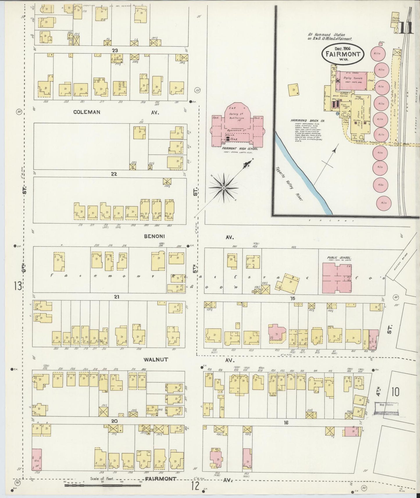 Sanborn Fire Insurance Map from Fairmont, Marion County, West Virginia (1906), Sheet #0011 - Complete Map Set gallery image, historic Sanborn map, vintage wall art, West Virginia West Virginia