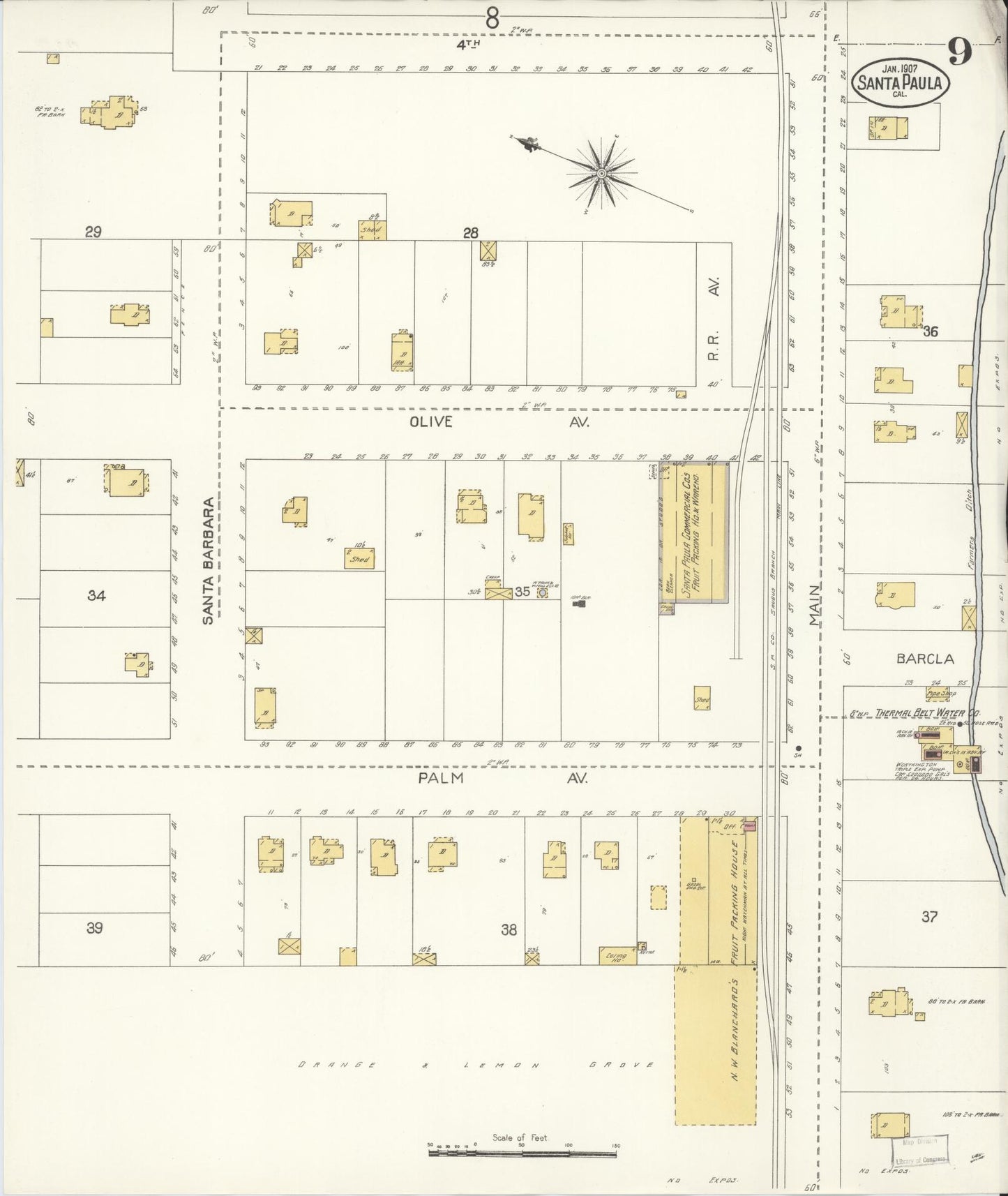 Sanborn Fire Insurance Map from Santa Paula, Ventura County, California (1907), Sheet #0009 - Complete Map Set gallery image, historic Sanborn map, vintage wall art, California California