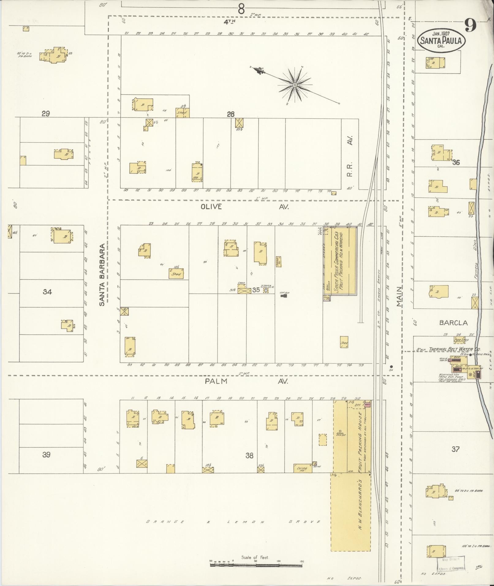 Sanborn Fire Insurance Map from Santa Paula, Ventura County, California (1907), Sheet #0009 - Complete Map Set gallery image, historic Sanborn map, vintage wall art, California California