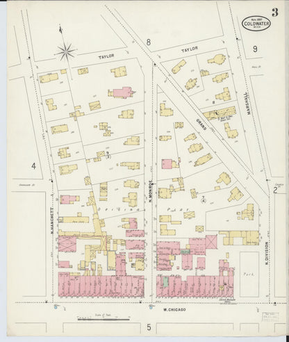 Sanborn Fire Insurance Map from Coldwater, Branch County, Michigan (1897), Sheet #0003 - Complete Map Set gallery image, historic Sanborn map, vintage wall art, Michigan Michigan