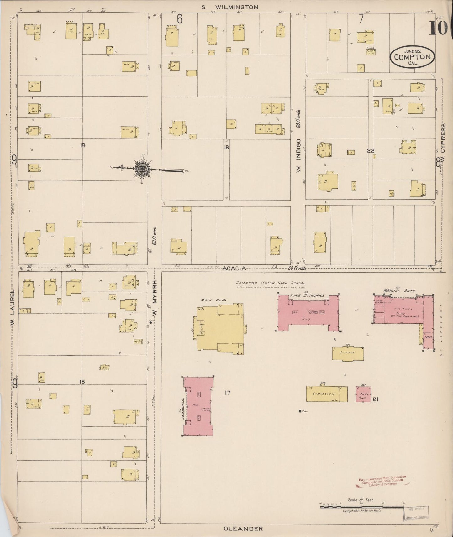 Sanborn Fire Insurance Map from Compton, Los Angeles County, California (1922), Sheet #0010 - Complete Map Set gallery image, historic Sanborn map, vintage wall art, California California