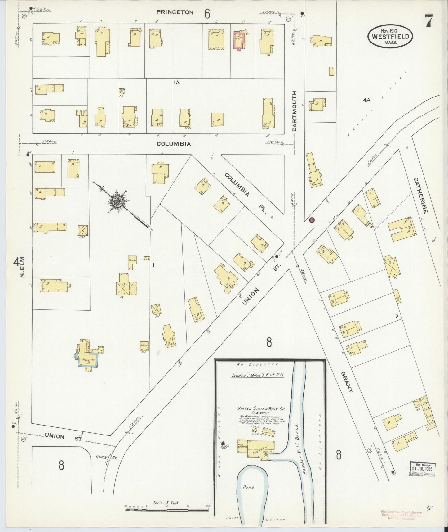 Sanborn Fire Insurance Map from Westfield, Hampden County, Massachusetts (1910), Sheet #0007 - Historic Sanborn Fire Insurance Map Print, vintage old map wall art, antique decor, genealogy gift, Massachusetts Massachusetts map