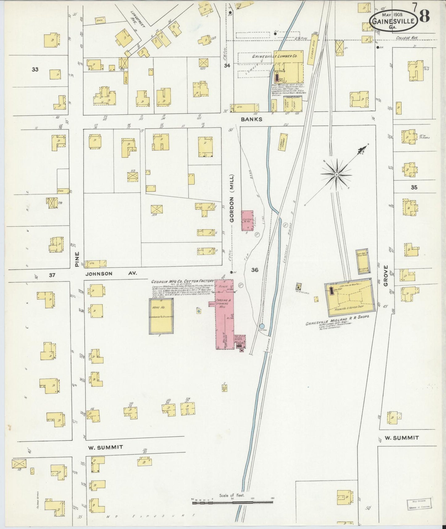 Sanborn Fire Insurance Map from Gainesville, Hall County, Georgia (1909), Sheet #0008 - Historic Sanborn Fire Insurance Map Print, vintage old map wall art, antique decor, genealogy gift, Georgia Georgia map