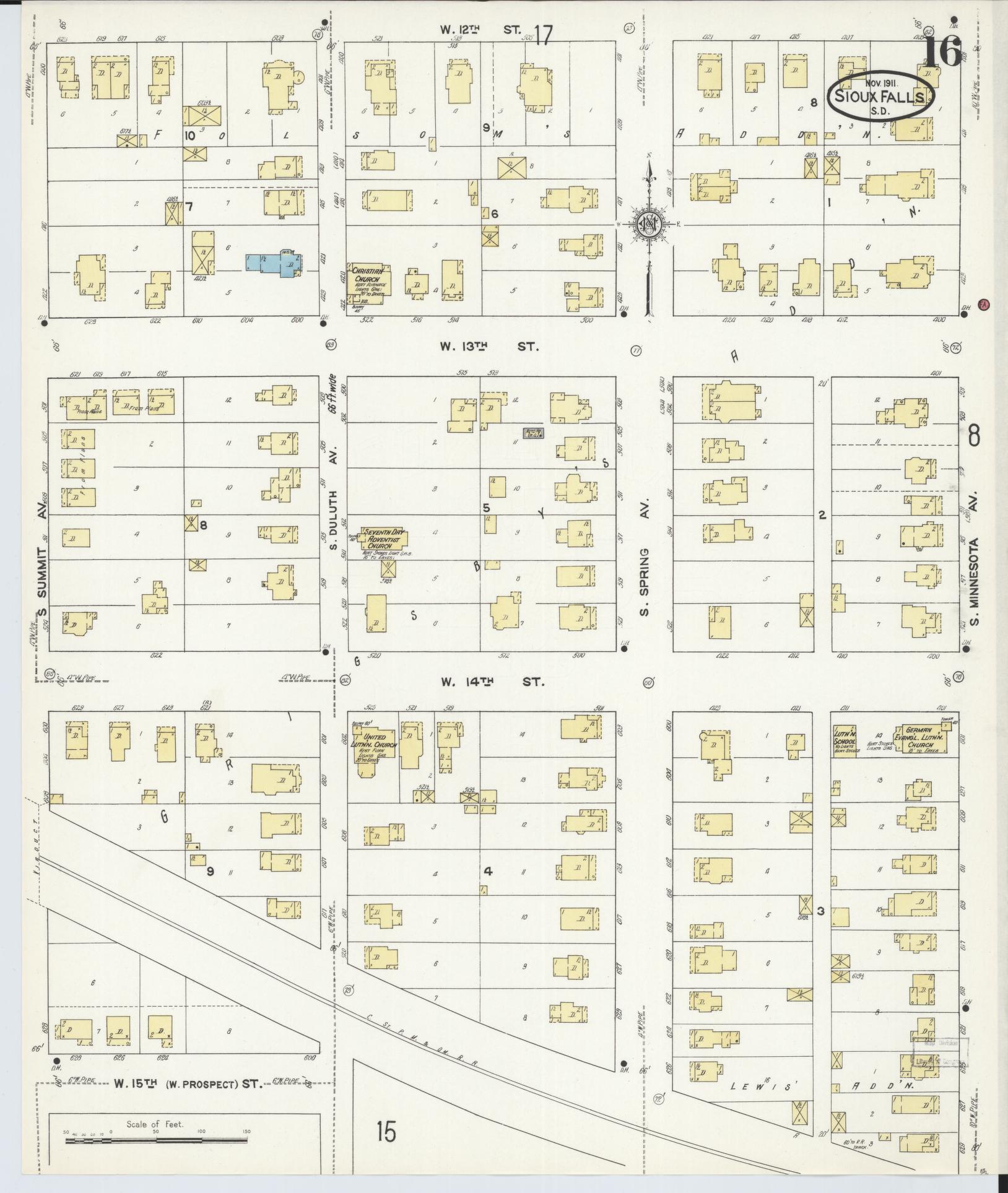 Sanborn Fire Insurance Map from Sioux Falls, Minnehaha County, South Dakota (1911), Sheet #0016 - Complete Map Set gallery image, historic Sanborn map, vintage wall art, South Dakota South Dakota