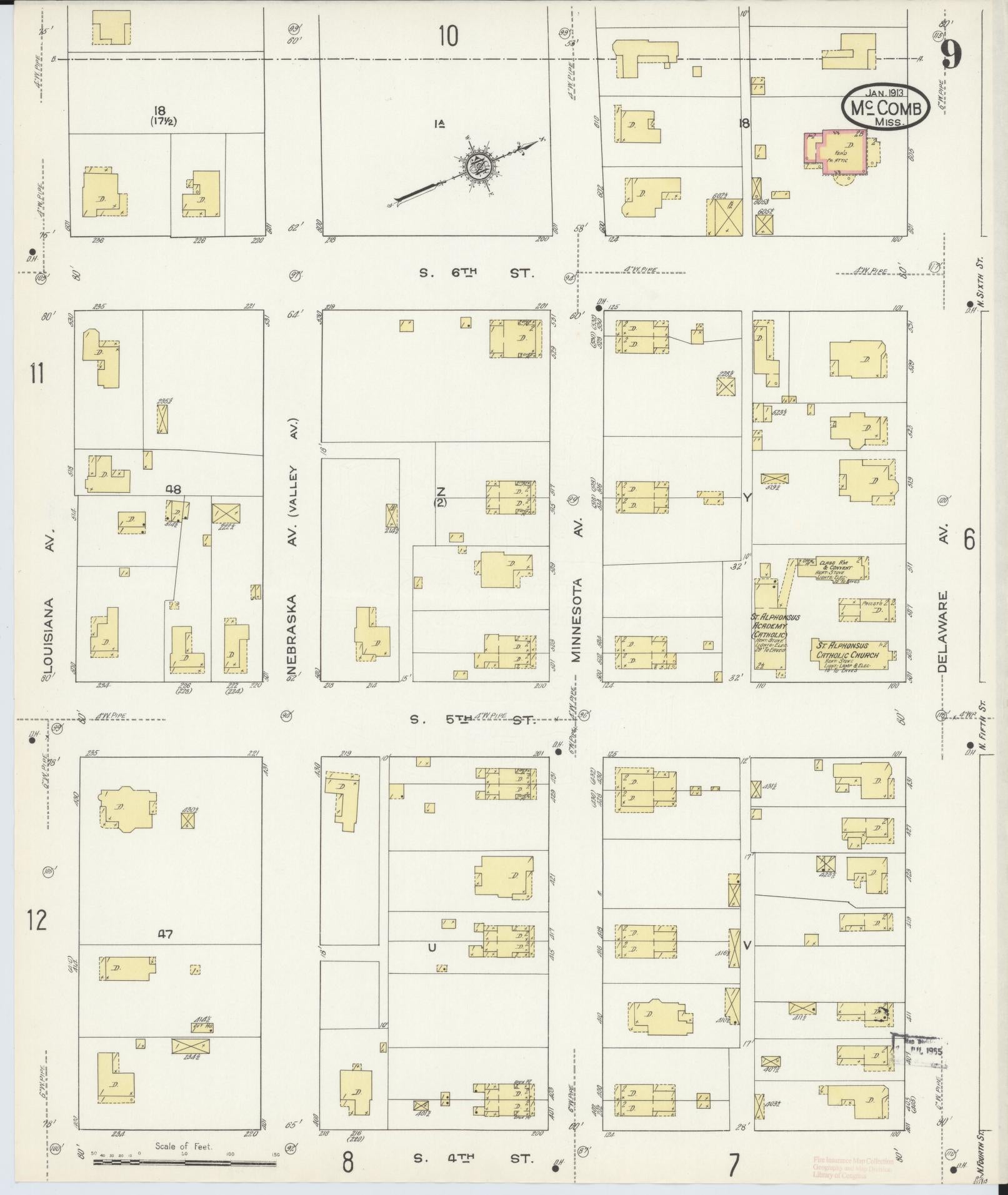 Sanborn Fire Insurance Map from McComb, Pike County, Mississippi (1913), Sheet #0009 - Historic Sanborn Fire Insurance Map Print, vintage old map wall art, antique decor, genealogy gift, Mississippi Mississippi map