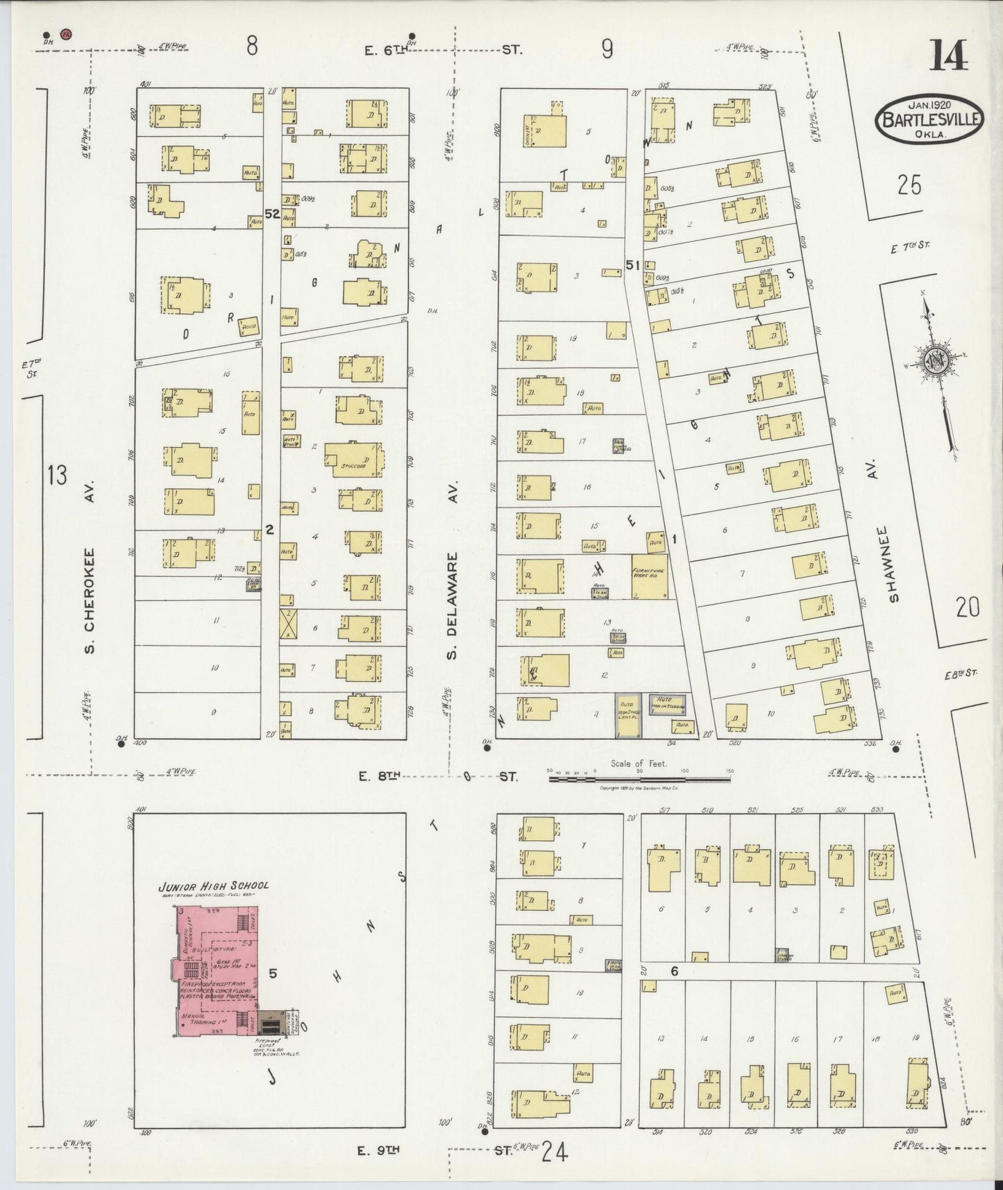Sanborn Fire Insurance Map from Bartlesville, Washington County, Oklahoma (1920), Sheet #0014 - Historic Sanborn Fire Insurance Map Print, vintage old map wall art, antique decor, genealogy gift, Oklahoma Oklahoma map