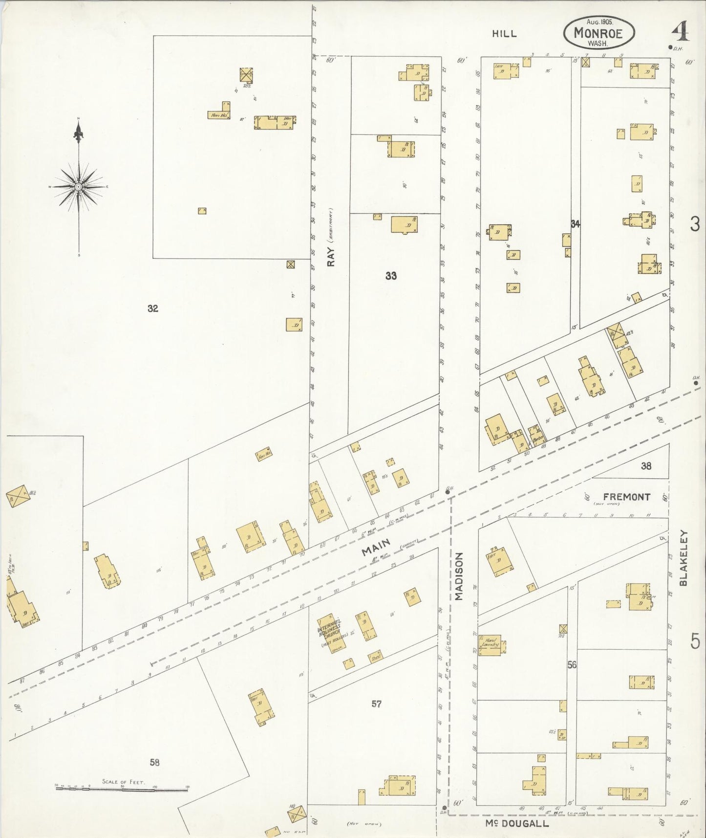 Sanborn Fire Insurance Map from Monroe, Snohomish County, Washington (1905), Sheet #0004 - Complete Map Set gallery image, historic Sanborn map, vintage wall art, Washington Washington
