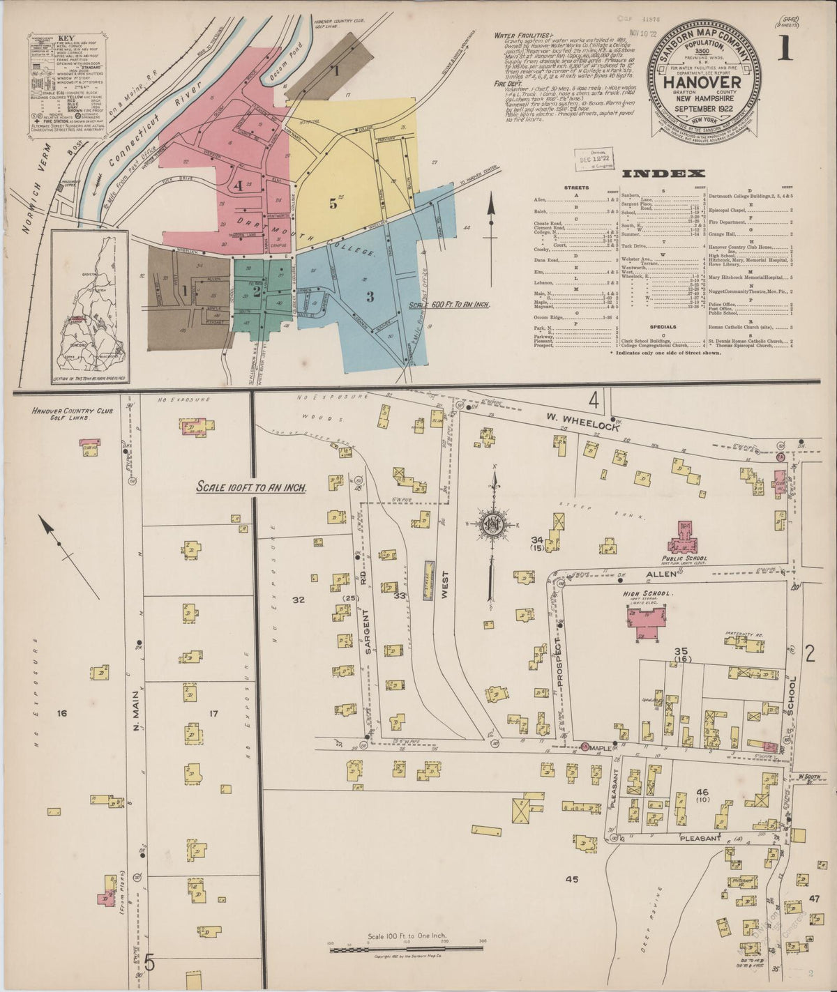 Sanborn Fire Insurance Map from Hanover, Grafton County, New Hampshire (1922), Sheet #0001 - Historic Sanborn Fire Insurance Map Print, vintage old map wall art, antique decor, genealogy gift, New Hampshire New Hampshire map