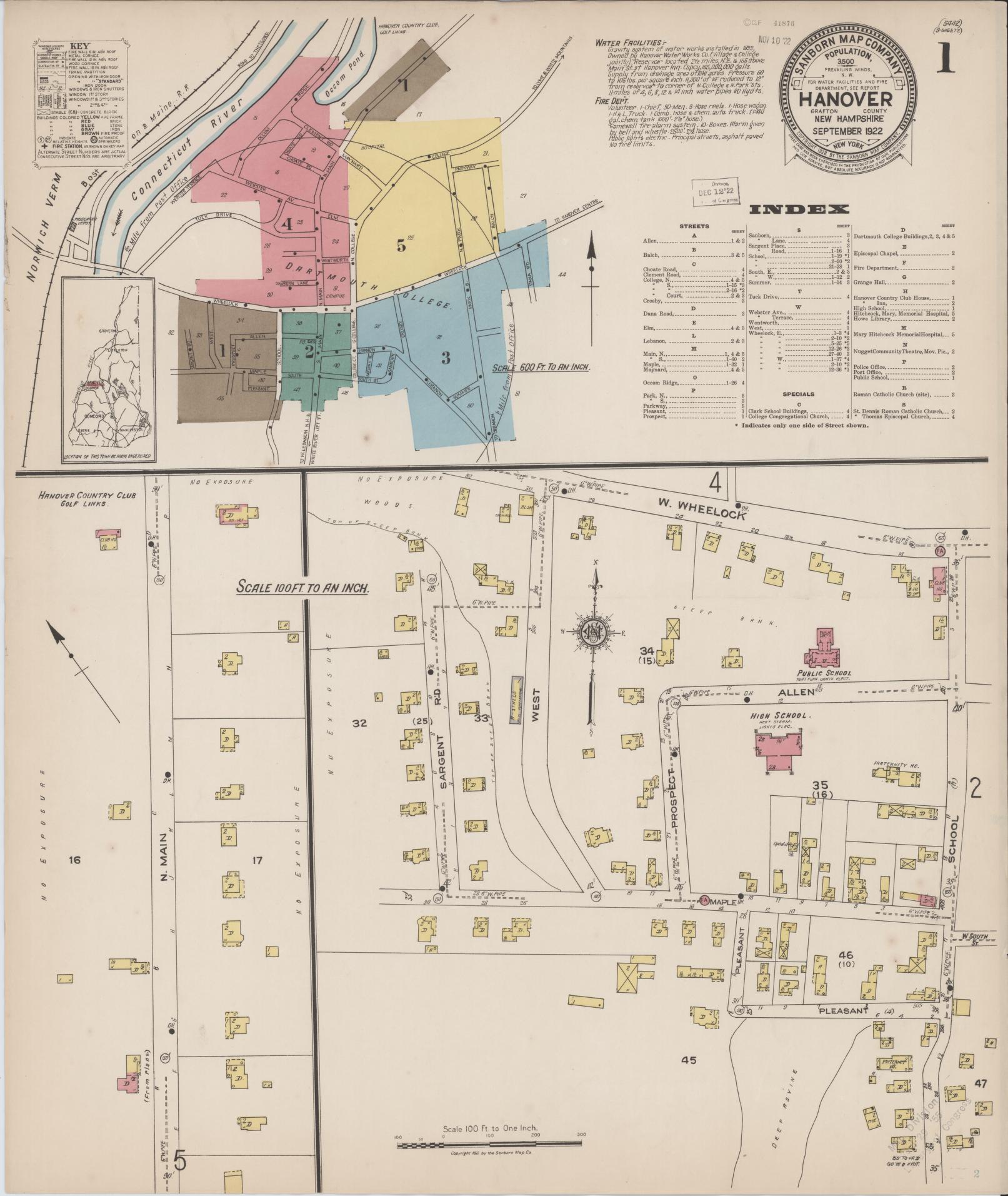 Sanborn Fire Insurance Map from Hanover, Grafton County, New Hampshire (1922), Sheet #0001 - Historic Sanborn Fire Insurance Map Print, vintage old map wall art, antique decor, genealogy gift, New Hampshire New Hampshire map