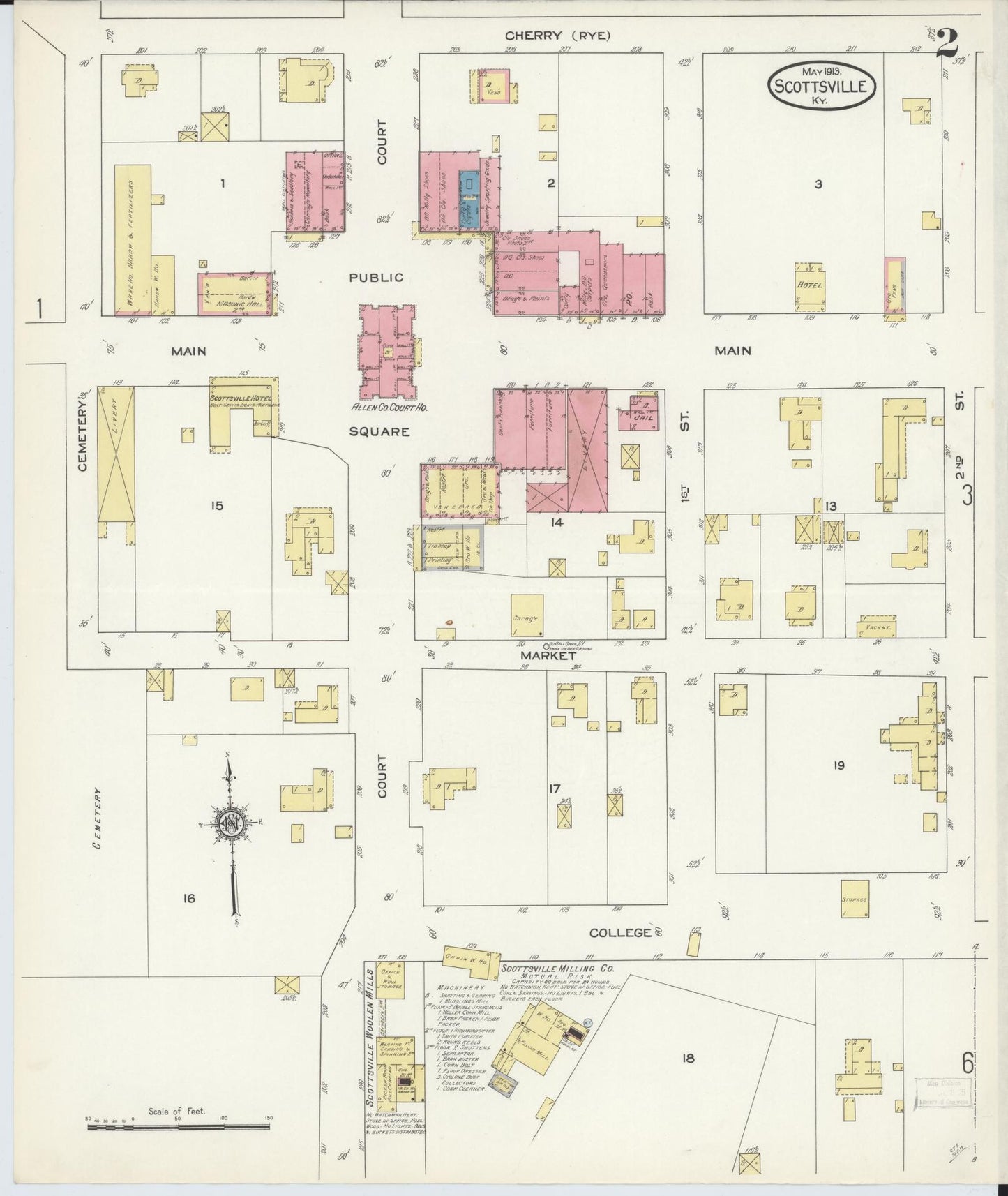 Sanborn Fire Insurance Map from Scottsville, Allen County, Kentucky (1913), Sheet #0002 - Complete Map Set gallery image, historic Sanborn map, vintage wall art, Kentucky Kentucky