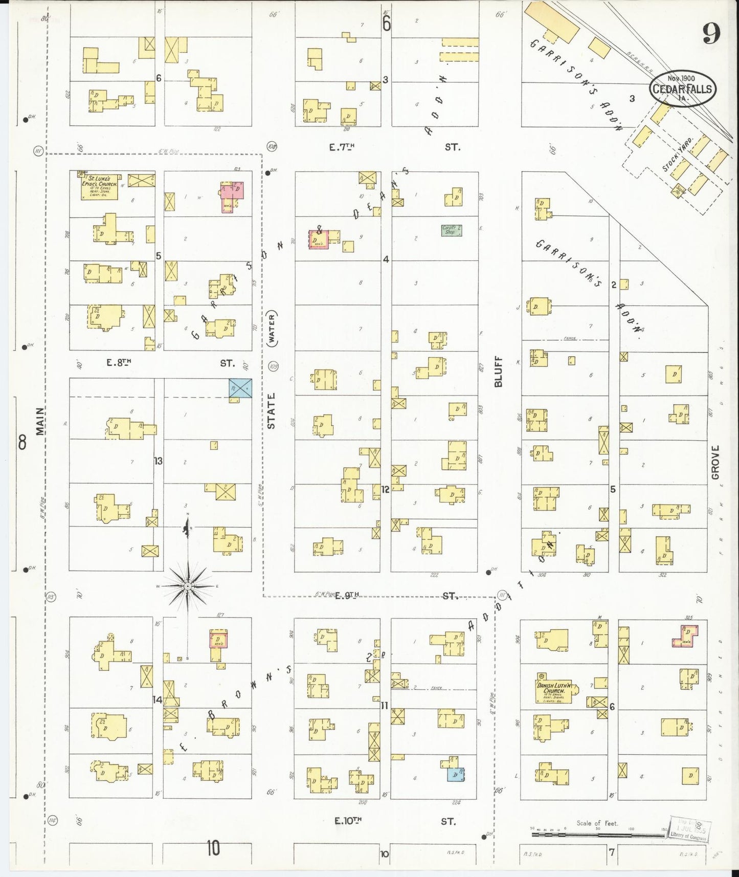 Sanborn Fire Insurance Map from Cedar Falls, Black Hawk County, Iowa (1900), Sheet #0009 - Historic Sanborn Fire Insurance Map Print, vintage old map wall art