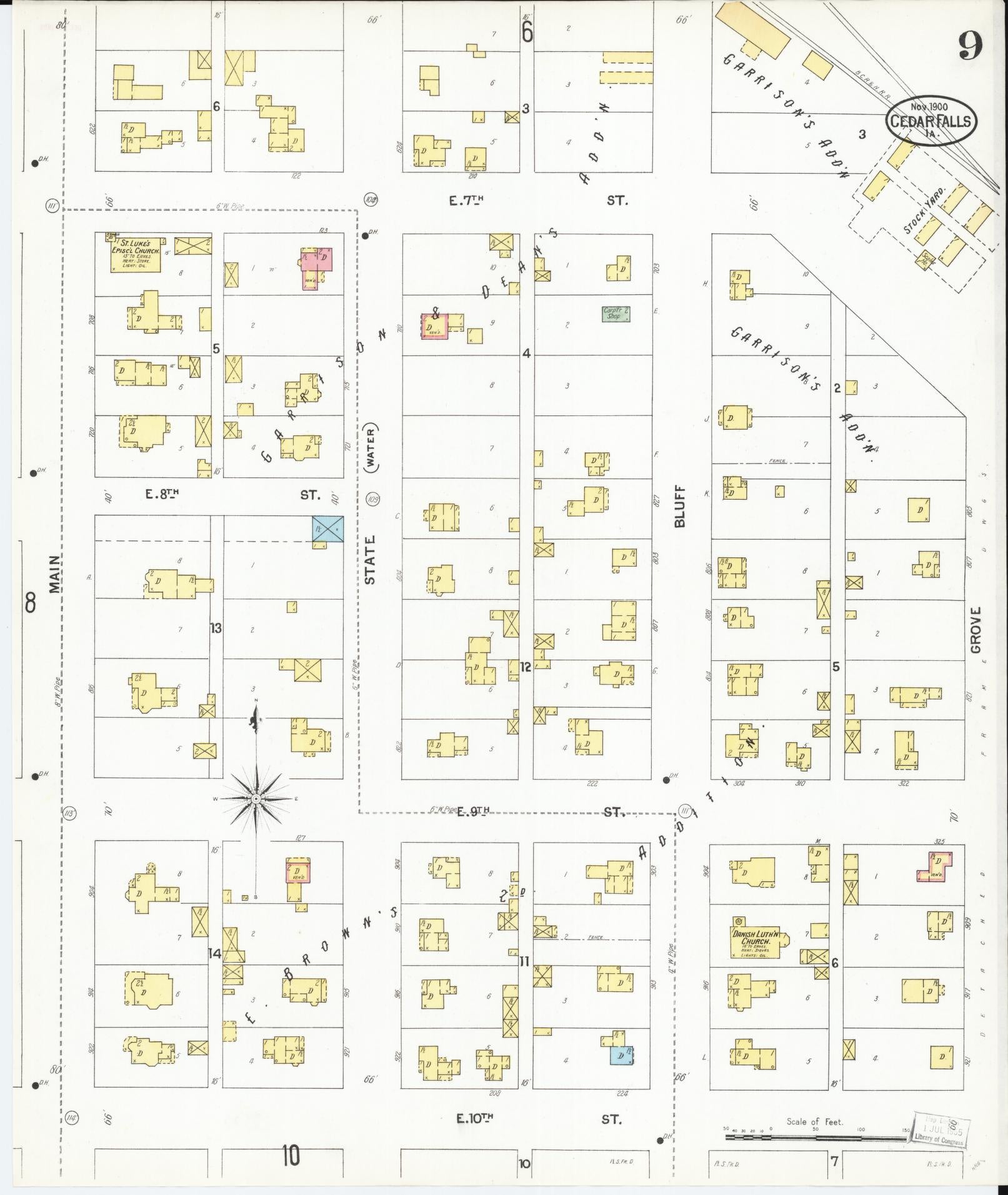 Sanborn Fire Insurance Map from Cedar Falls, Black Hawk County, Iowa (1900), Sheet #0009 - Historic Sanborn Fire Insurance Map Print, vintage old map wall art