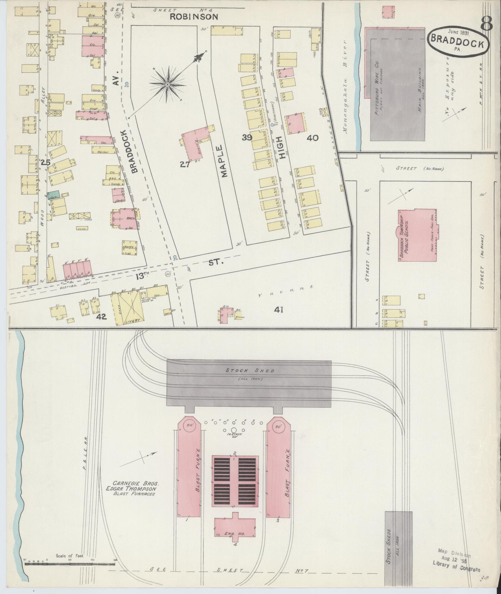 Sanborn Fire Insurance Map from Braddock, Allegheny County, Pennsylvania (1891), Sheet #0008 - Historic Sanborn Fire Insurance Map Print, vintage old map wall art, antique decor, genealogy gift, Pennsylvania Pennsylvania map