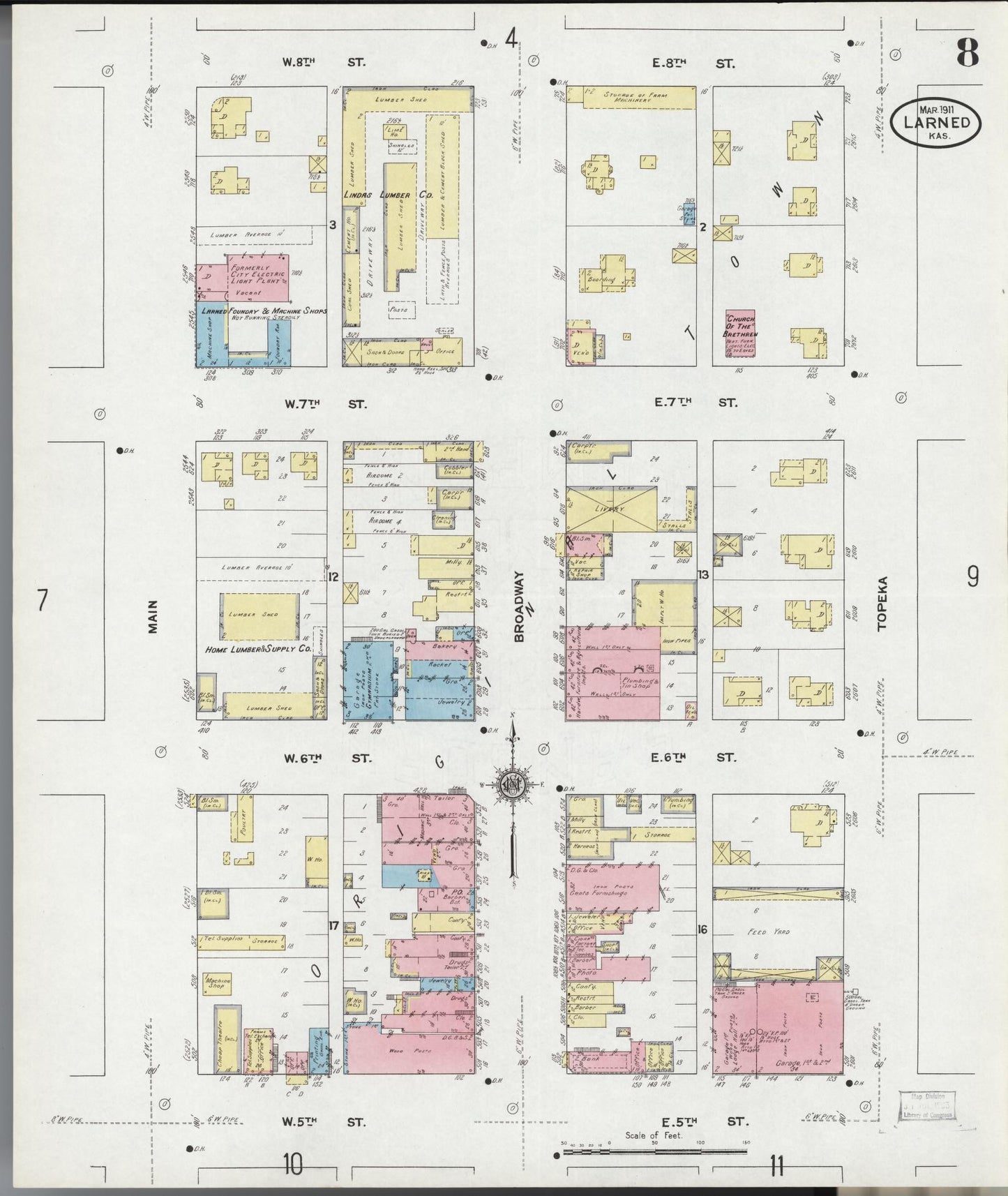 Sanborn Fire Insurance Map from Larned, Pawnee County, Kansas (1911), Sheet #0008 - Complete Map Set gallery image, historic Sanborn map, vintage wall art, Kansas Kansas