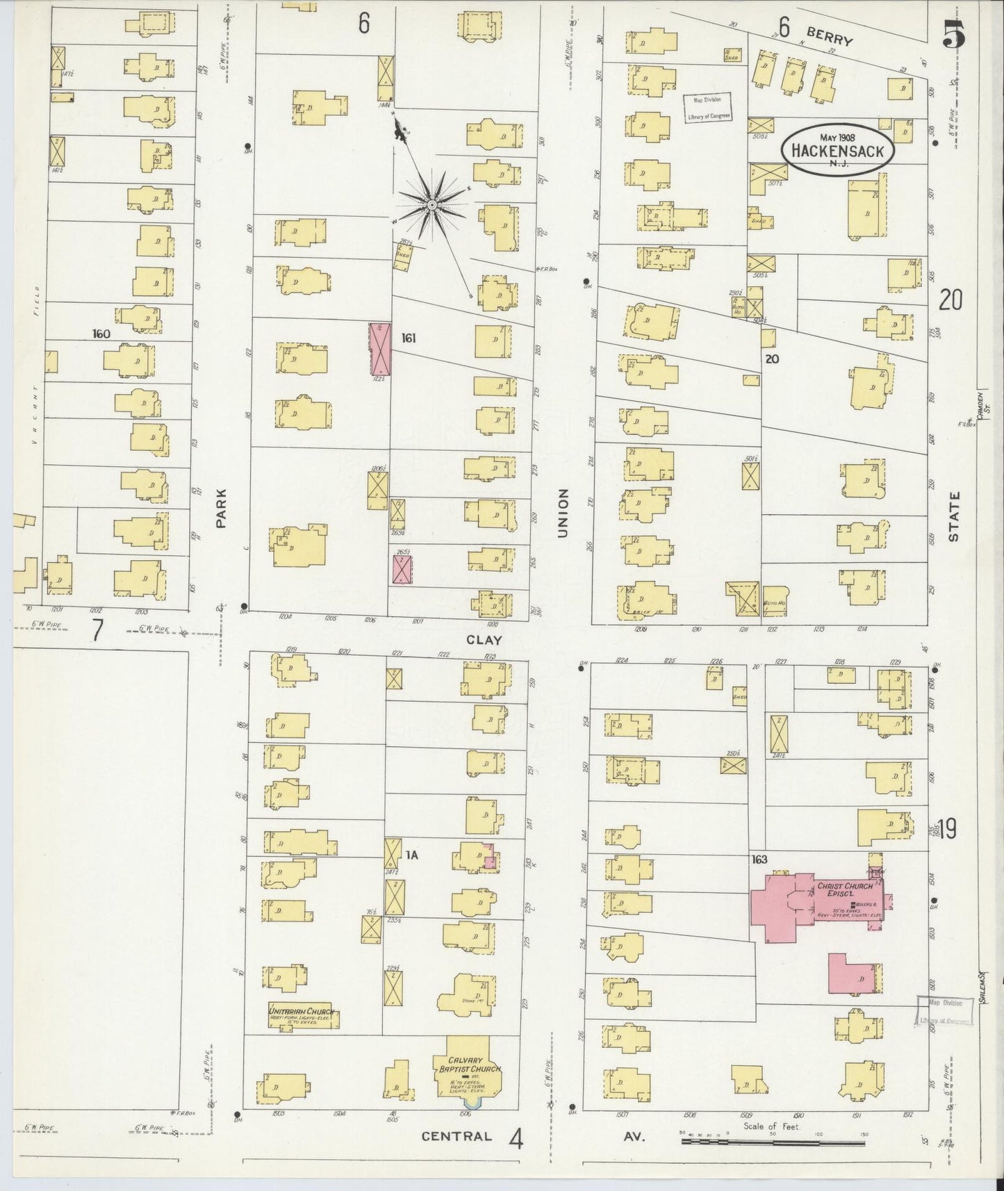 Sanborn Fire Insurance Map from Hackensack, Bergen County, New Jersey (1908), Sheet #0005 - Complete Map Set gallery image, historic Sanborn map, vintage wall art, New Jersey New Jersey