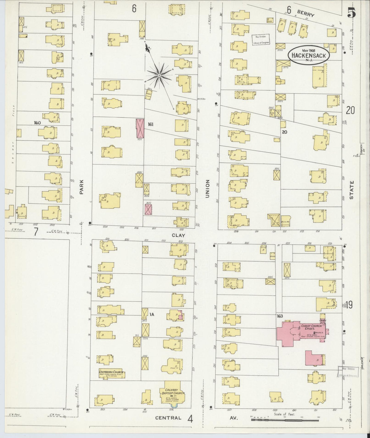 Sanborn Fire Insurance Map from Hackensack, Bergen County, New Jersey (1908), Sheet #0005 - Complete Map Set gallery image, historic Sanborn map, vintage wall art, New Jersey New Jersey