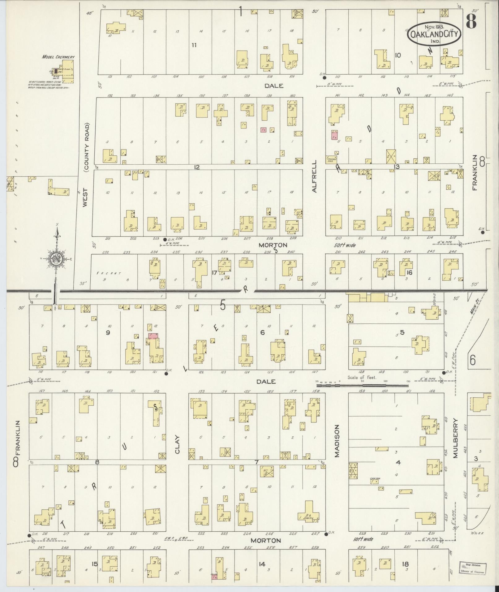 Sanborn Fire Insurance Map from Oakland City, Gibson County, Indiana (1913), Sheet #0008 - Complete Map Set gallery image, historic Sanborn map, vintage wall art, Indiana Indiana