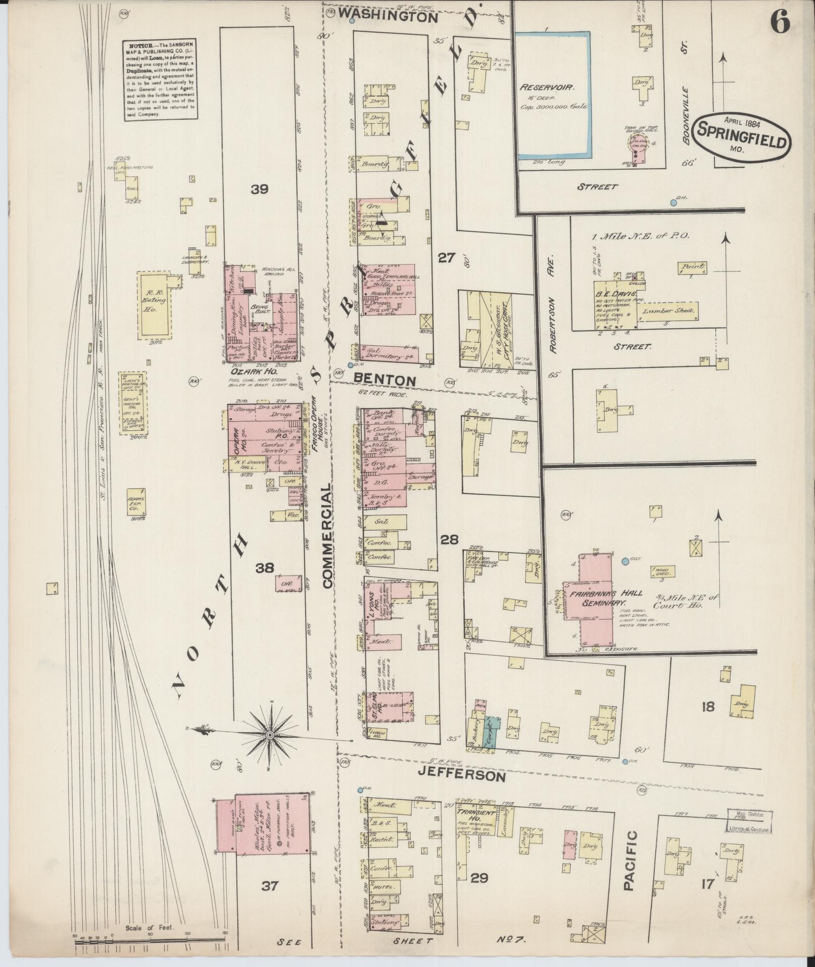 Sanborn Fire Insurance Map from Springfield, Greene County, Missouri (1884), Sheet #0006 - Historic Sanborn Fire Insurance Map Print, vintage old map wall art, antique decor, genealogy gift, Missouri Missouri map