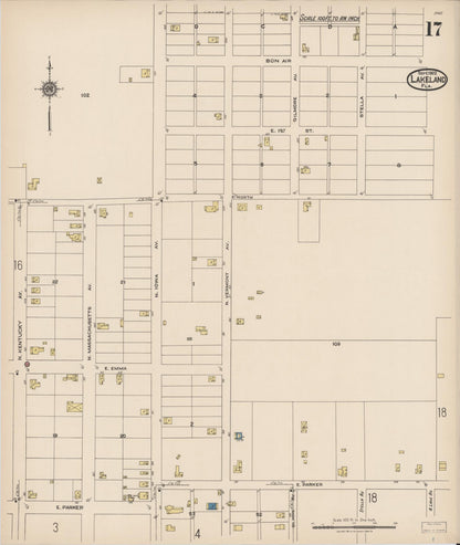 Sanborn Fire Insurance Map from Lakeland, Polk County, Florida (1922), Sheet #0017 - Historic Sanborn Fire Insurance Map Print, vintage old map wall art, antique decor, genealogy gift, Florida Florida map
