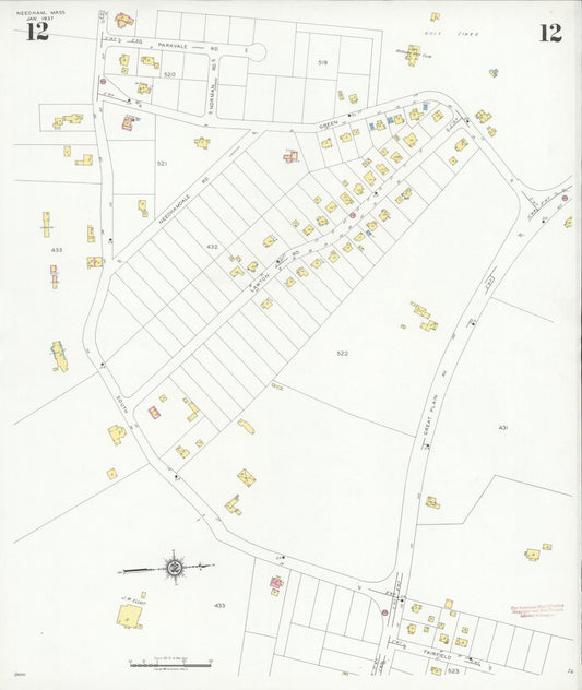 Sanborn Fire Insurance Map from Needham, Norfolk County, Massachusetts (1937), Sheet #0012 - Historic Sanborn Fire Insurance Map Print, vintage old map wall art, antique decor, genealogy gift, Massachusetts Massachusetts map