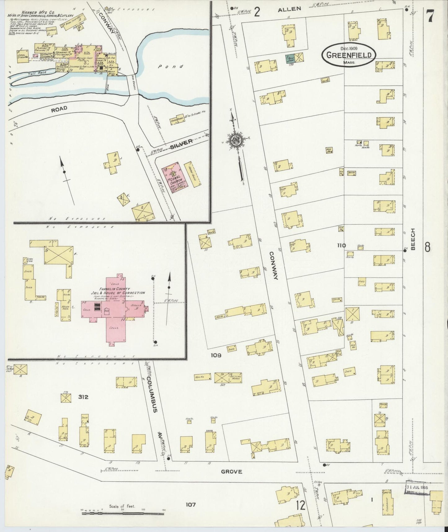 Sanborn Fire Insurance Map from Greenfield, Franklin County, Massachusetts (1909), Sheet #0007 - Historic Sanborn Fire Insurance Map Print, vintage old map wall art, antique decor, genealogy gift, Massachusetts Massachusetts map