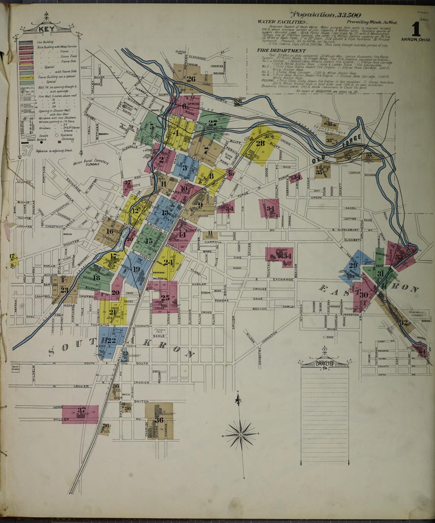 Sanborn Fire Insurance Map from Akron, Summit County, Ohio (1892), Sheet #0001 - Historic Sanborn Fire Insurance Map Print, vintage old map wall art, antique decor, genealogy gift, Ohio Ohio map