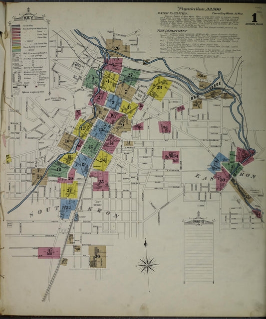Sanborn Fire Insurance Map from Akron, Summit County, Ohio (1892), Sheet #0001 - Historic Sanborn Fire Insurance Map Print, vintage old map wall art, antique decor, genealogy gift, Ohio Ohio map