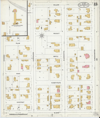 Sanborn Fire Insurance Map from Valparaiso, Porter County, Indiana (1899), Sheet #0013 - Historic Sanborn Fire Insurance Map Print, vintage old map wall art, antique decor, genealogy gift, Indiana Indiana map