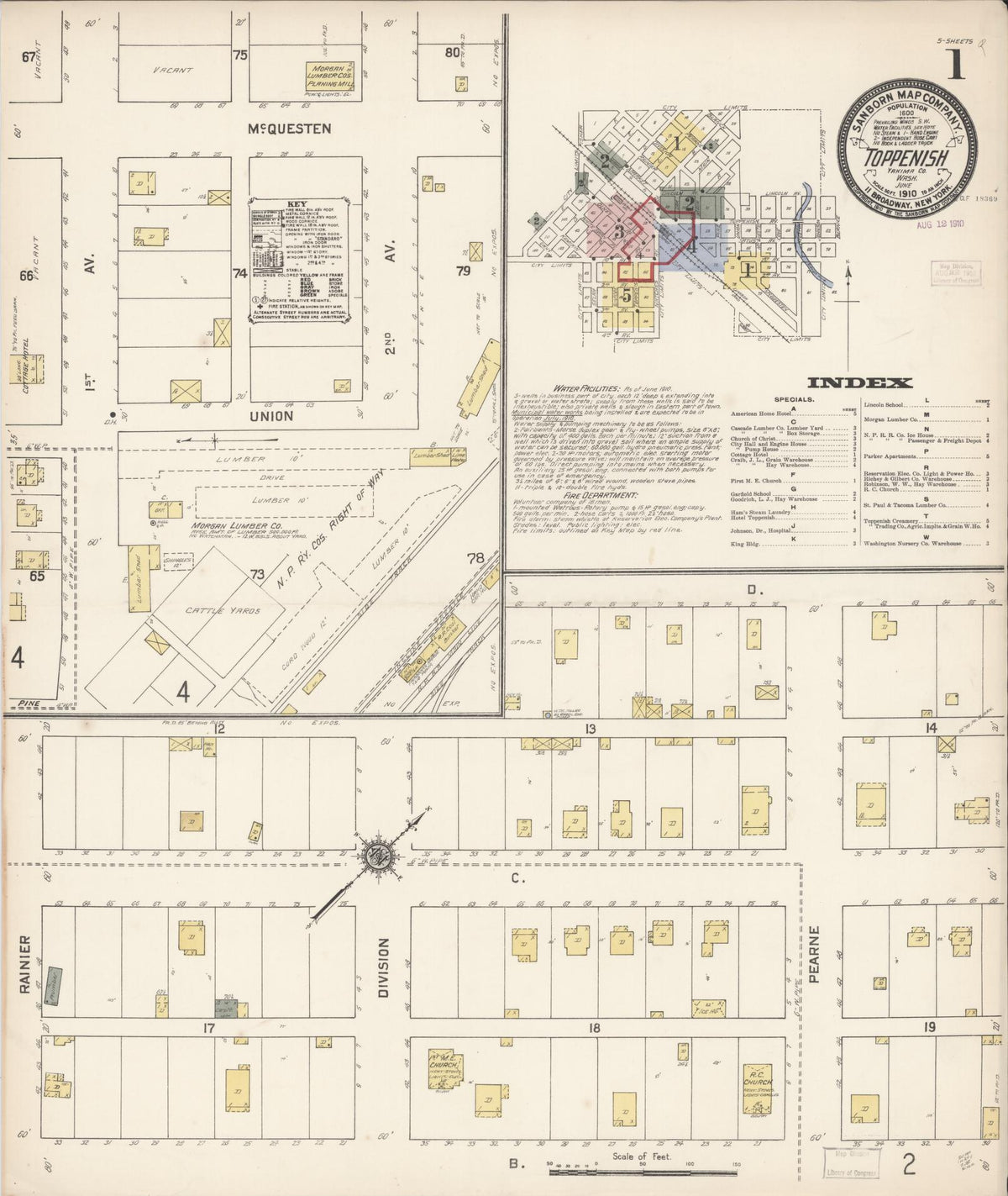 Sanborn Fire Insurance Map from Toppenish, Yakima County, Washington (1910), Sheet #0001 - Historic Sanborn Fire Insurance Map Print, vintage old map wall art, antique decor, genealogy gift, Washington Washington map