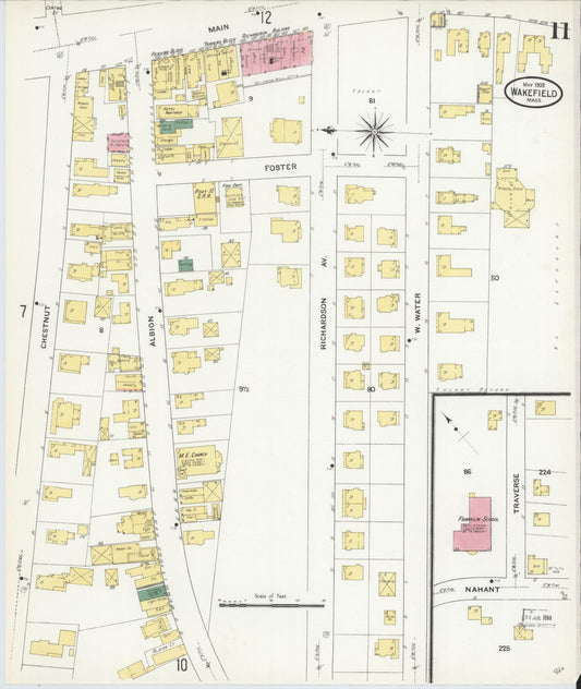 Sanborn Fire Insurance Map from Wakefield, Middlesex County, Massachusetts (1909), Sheet #0011 - Historic Sanborn Fire Insurance Map Print, vintage old map wall art, antique decor, genealogy gift, Massachusetts Massachusetts map