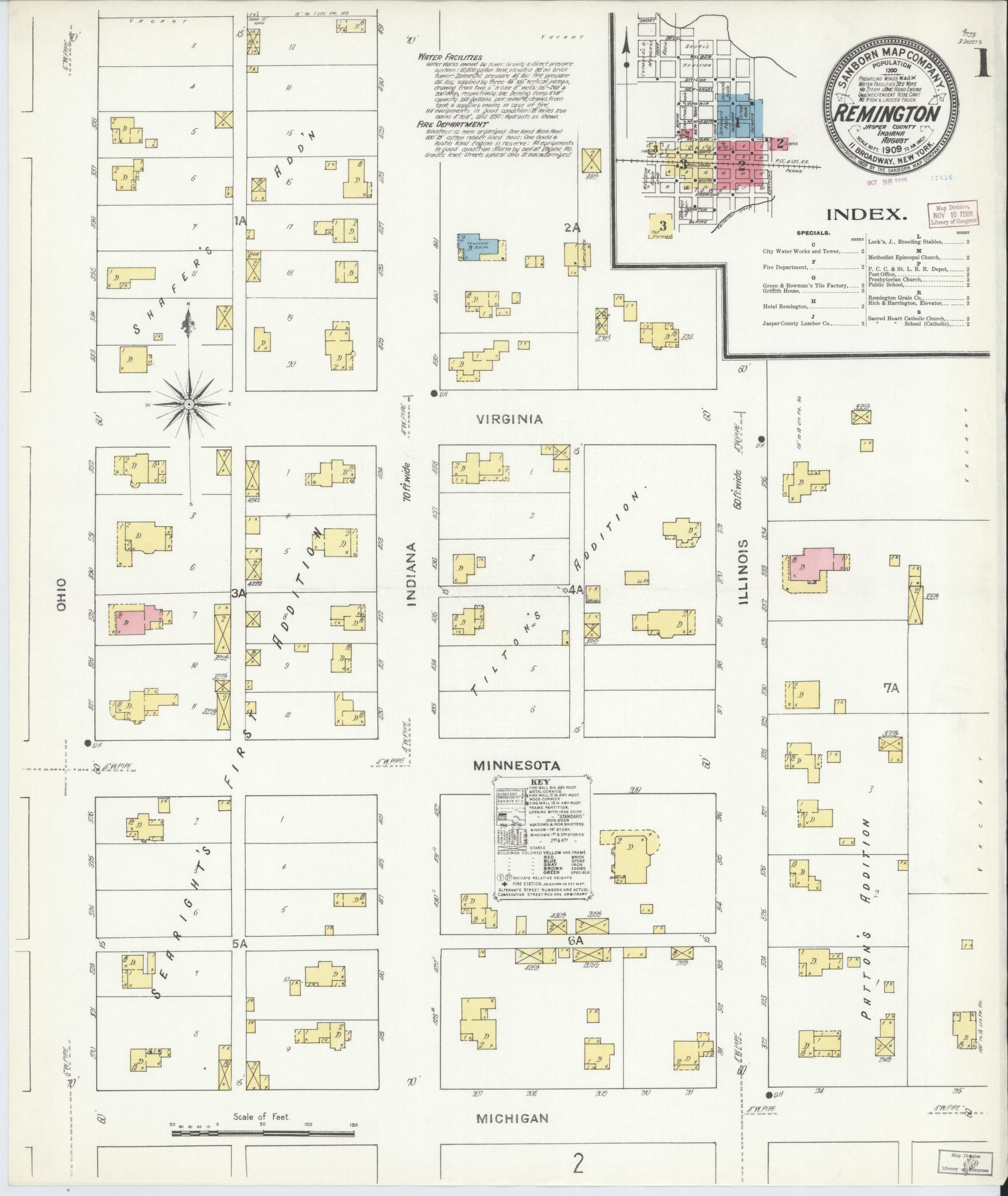 Sanborn Fire Insurance Map from Remington, Jasper County, Indiana (1909), Sheet #0001 - Complete Map Set gallery image, historic Sanborn map, vintage wall art, Indiana Indiana