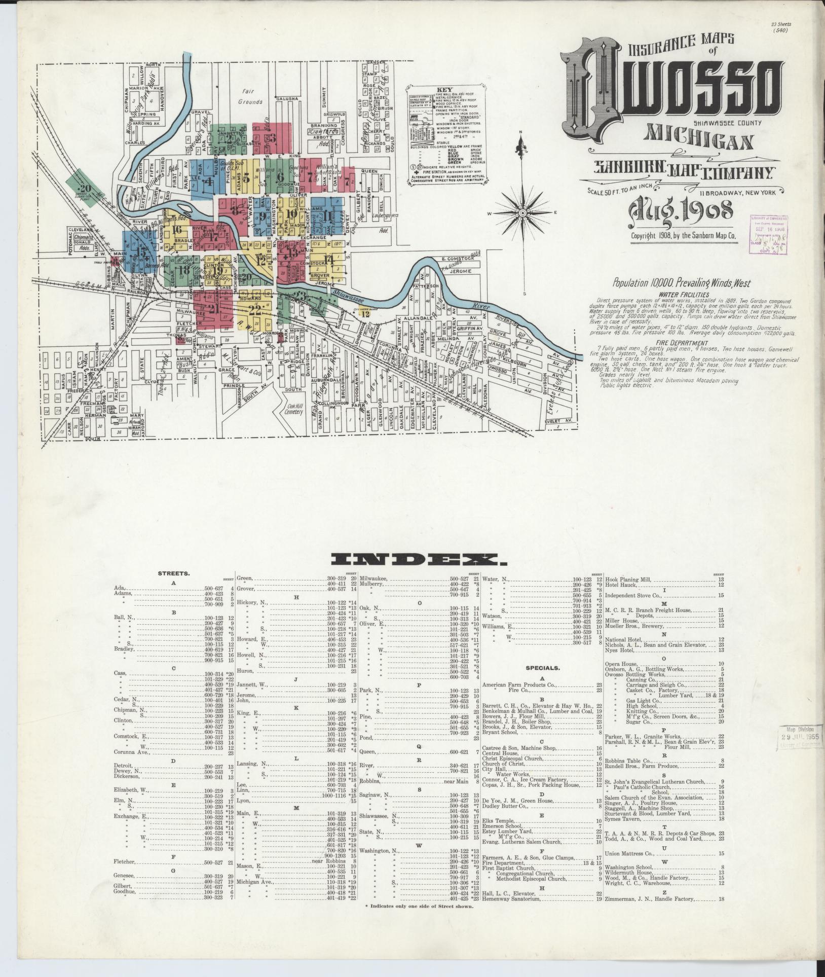 Sanborn Fire Insurance Map from Owosso, Shiawassee County, Michigan (1908), Sheet #0001 - Complete Map Set gallery image, historic Sanborn map, vintage wall art, Michigan Michigan