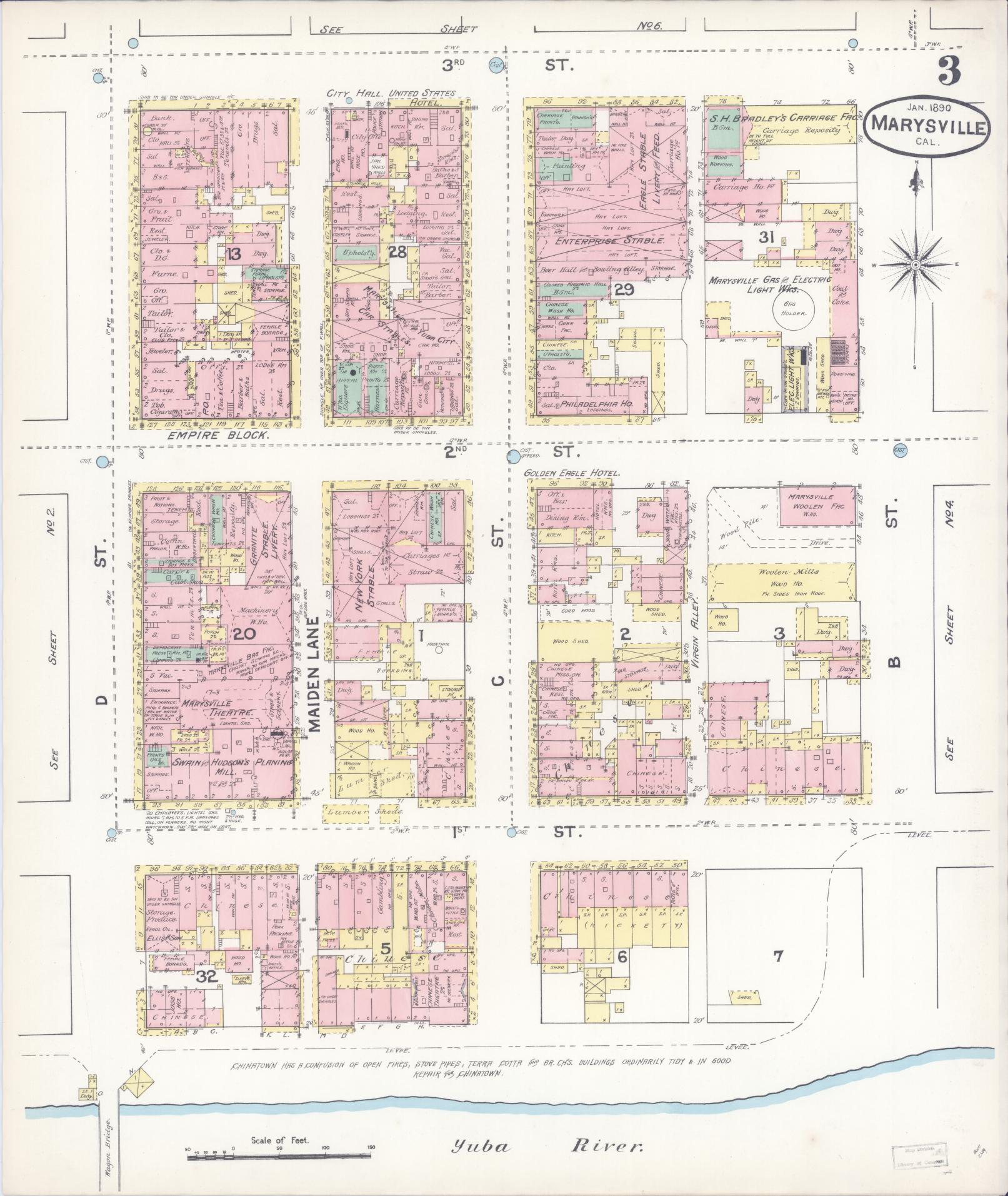 Sanborn Fire Insurance Map from Marysville, Yuba County, California (1890), Sheet #0003 - Historic Sanborn Fire Insurance Map Print, vintage old map wall art, antique decor, genealogy gift, California California map