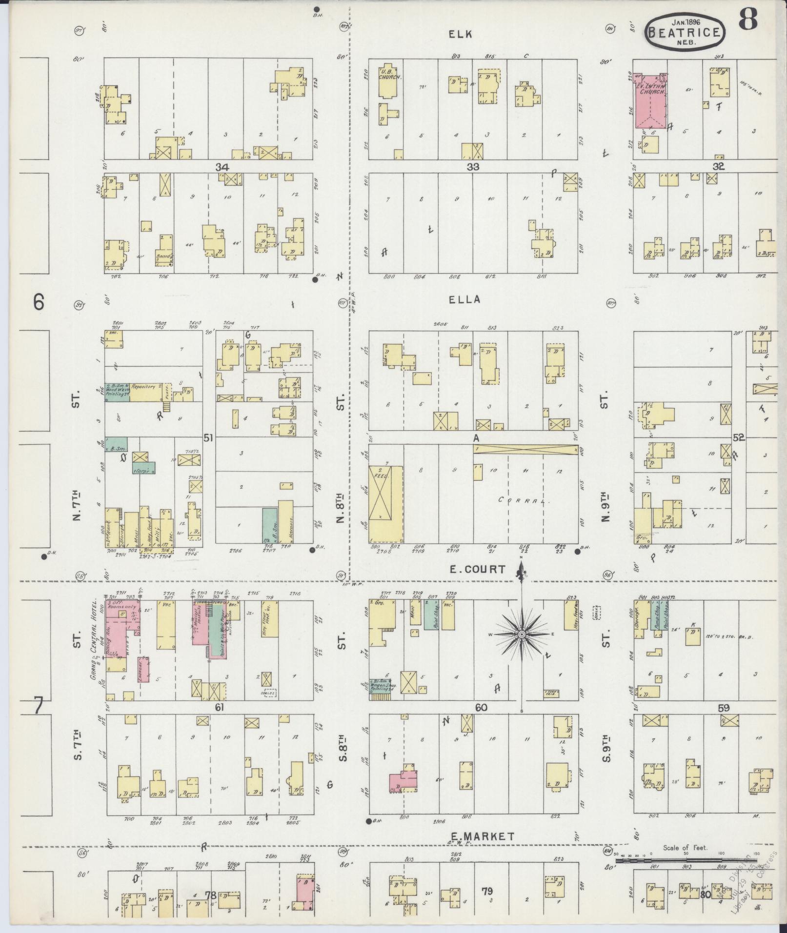 Sanborn Fire Insurance Map from Beatrice, Gage County, Nebraska (1896), Sheet #0008 - Historic Sanborn Fire Insurance Map Print, vintage old map wall art, antique decor, genealogy gift, Nebraska Nebraska map