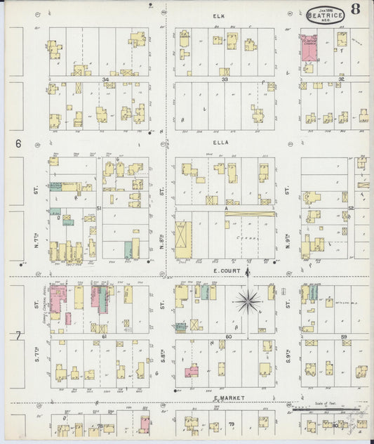 Sanborn Fire Insurance Map from Beatrice, Gage County, Nebraska (1896), Sheet #0008 - Historic Sanborn Fire Insurance Map Print, vintage old map wall art, antique decor, genealogy gift, Nebraska Nebraska map