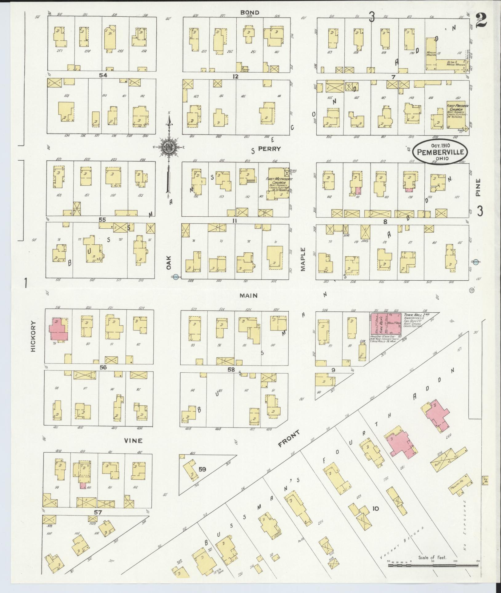 Sanborn Fire Insurance Map from Pemberville, Wood County, Ohio (1910), Sheet #0002 - Complete Map Set gallery image, historic Sanborn map, vintage wall art, Ohio Ohio