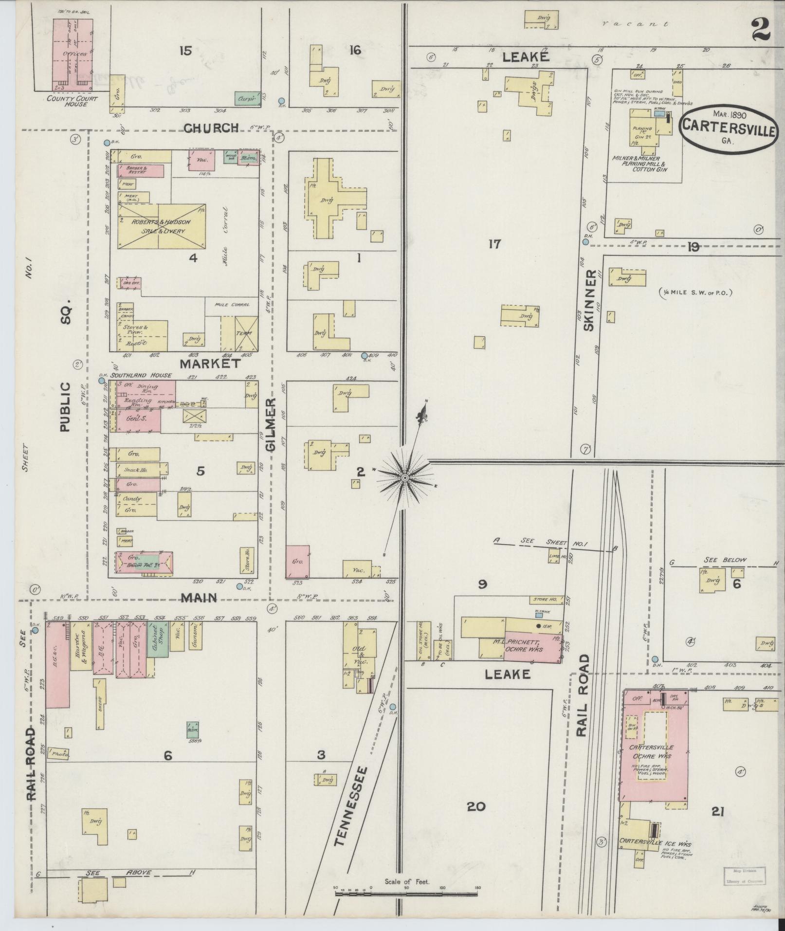 Sanborn Fire Insurance Map from Cartersville, Bartow County, Georgia (1890), Sheet #0002 - Historic Sanborn Fire Insurance Map Print, vintage old map wall art, antique decor, genealogy gift, Georgia Georgia map