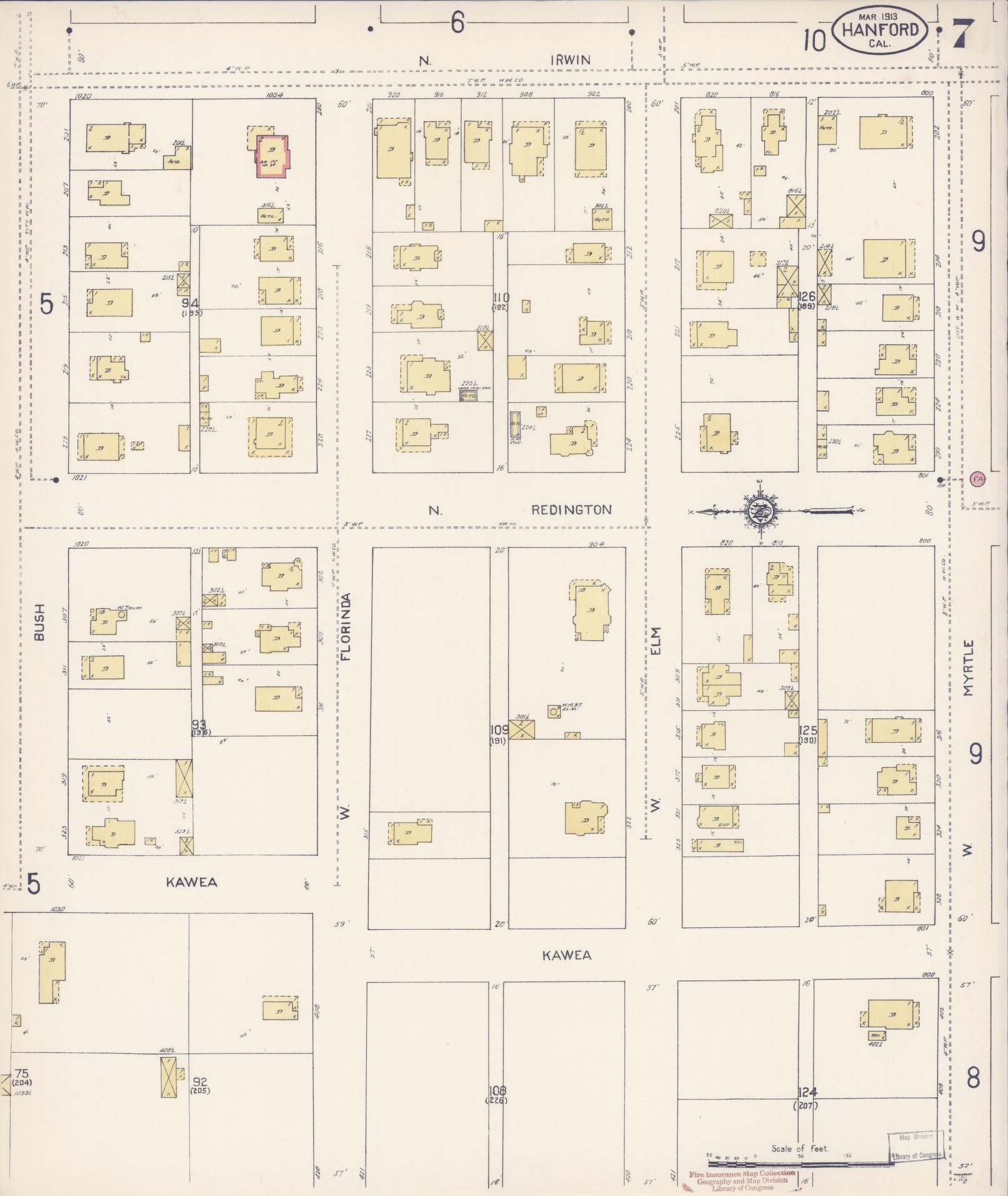 Sanborn Fire Insurance Map from Hanford, Kings County, California (1913), Sheet #0007 - Historic Sanborn Fire Insurance Map Print, vintage old map wall art, antique decor, genealogy gift, California California map