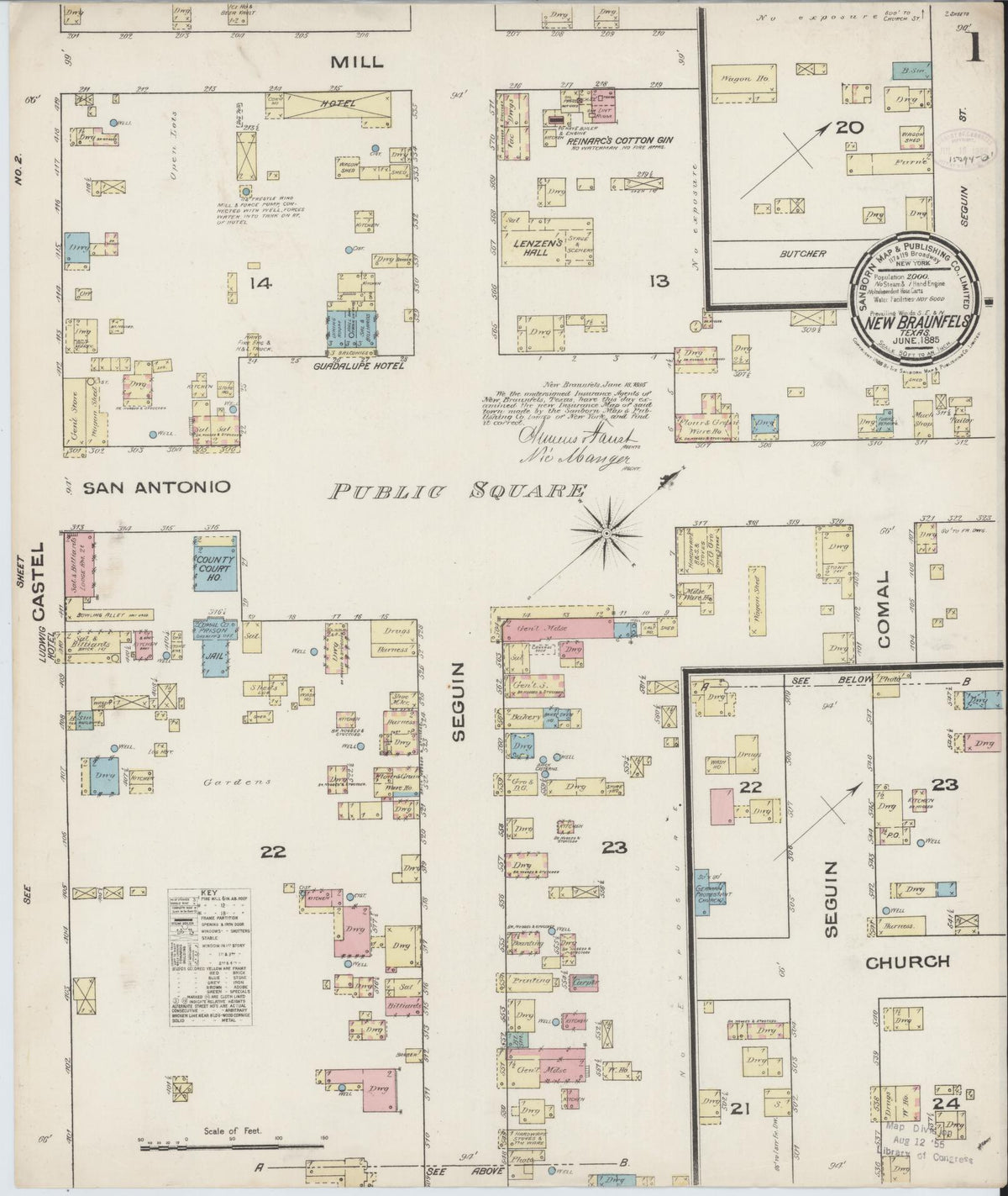 Sanborn Fire Insurance Map from New Braunfels, Comal County, Texas (1885), Sheet #0001 - Complete Map Set gallery image, historic Sanborn map, vintage wall art, Texas Texas
