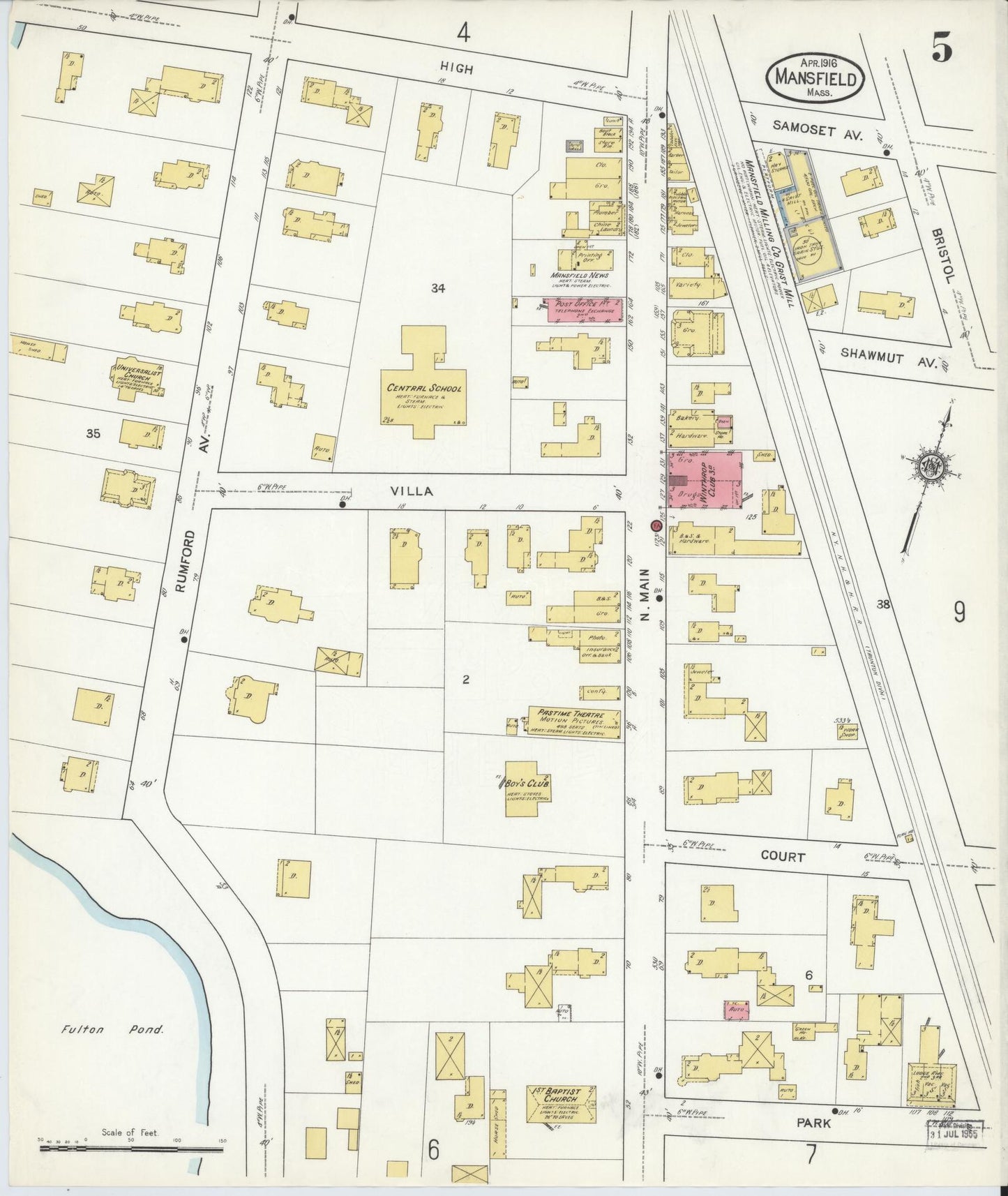 Sanborn Fire Insurance Map from Mansfield, Bristol County, Massachusetts (1916), Sheet #0005 - Complete Map Set gallery image, historic Sanborn map, vintage wall art, Massachusetts Massachusetts