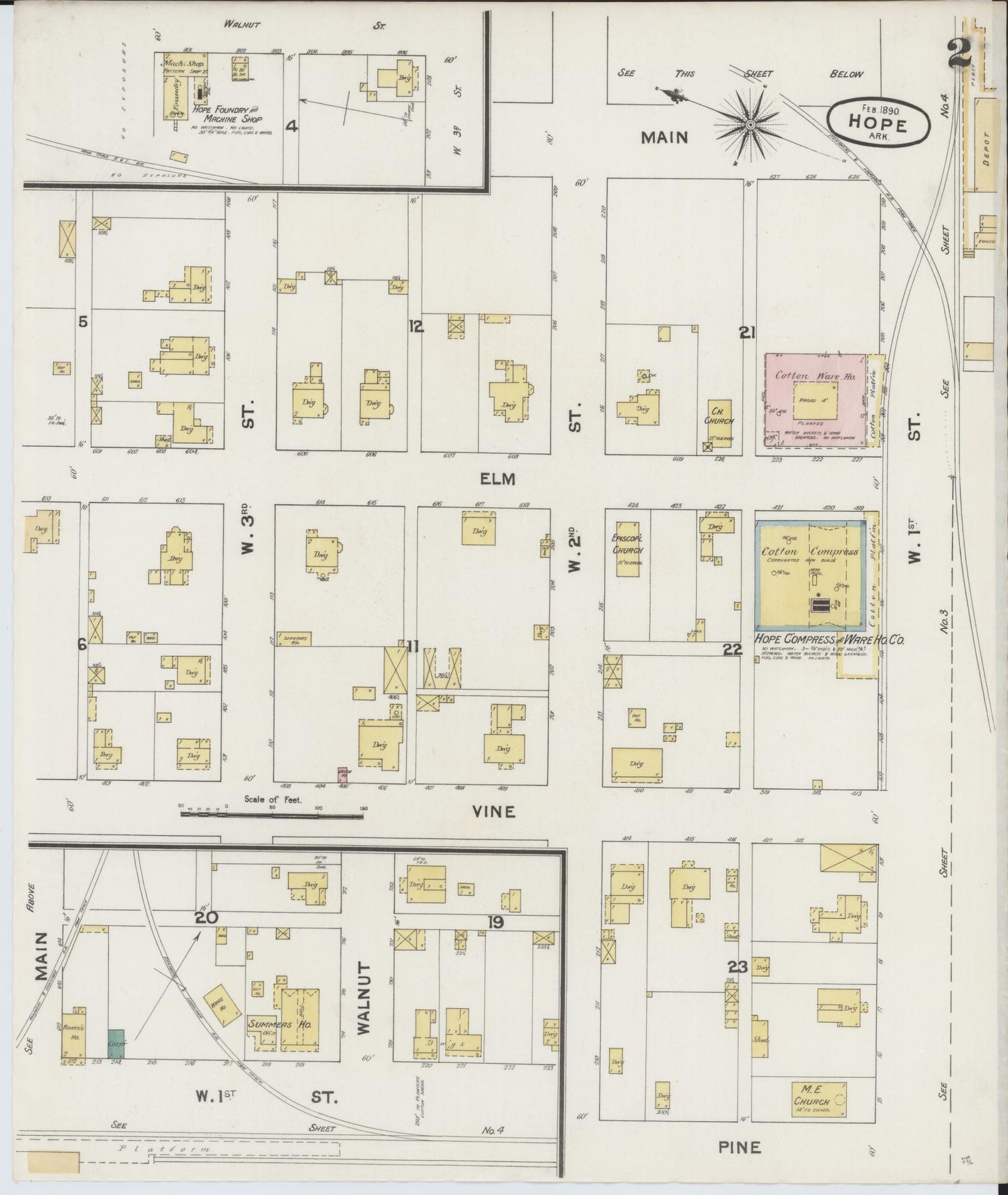 Sanborn Fire Insurance Map from Hope, Hempstead County, Arkansas (1890), Sheet #0002 - Complete Map Set gallery image, historic Sanborn map, vintage wall art, Arkansas Arkansas